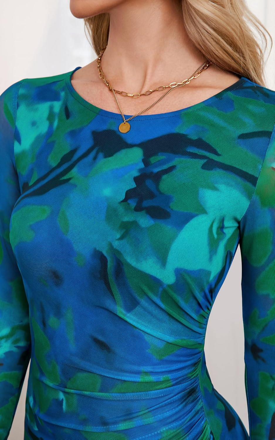 oten Women's Long Sleeve Floral Print Mesh Ruched Bodycon Midi Cocktail Wedding Guest Party Club Dress - Image 7