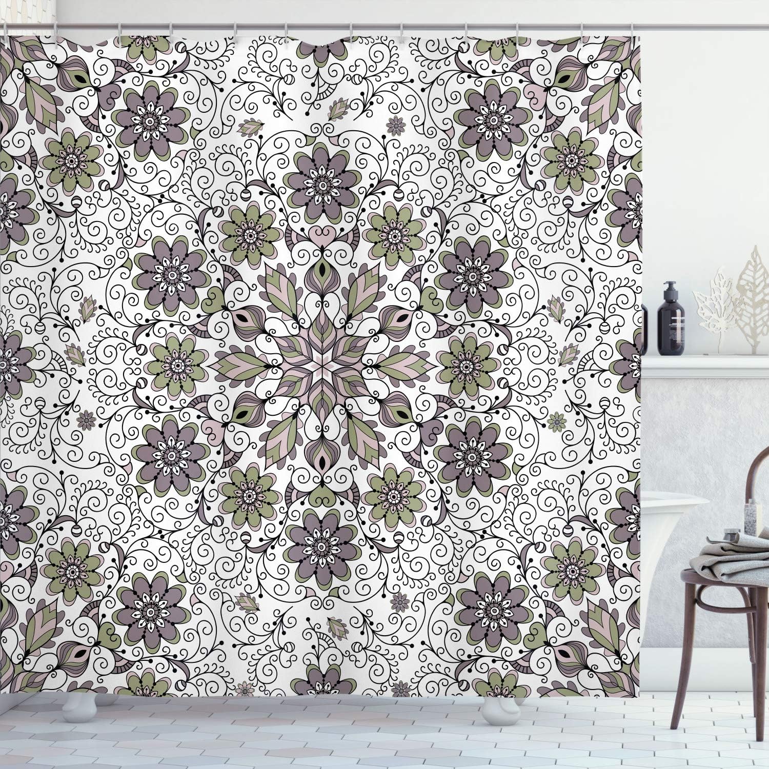 Ambesonne Ethnic Shower Curtain, Vintage Abstract Flower Swirls Leaves Doily Style Pastel Illustration, Cloth Fabric Bathroom Decor Set with Hooks, 75" Long, Pale Chocolate