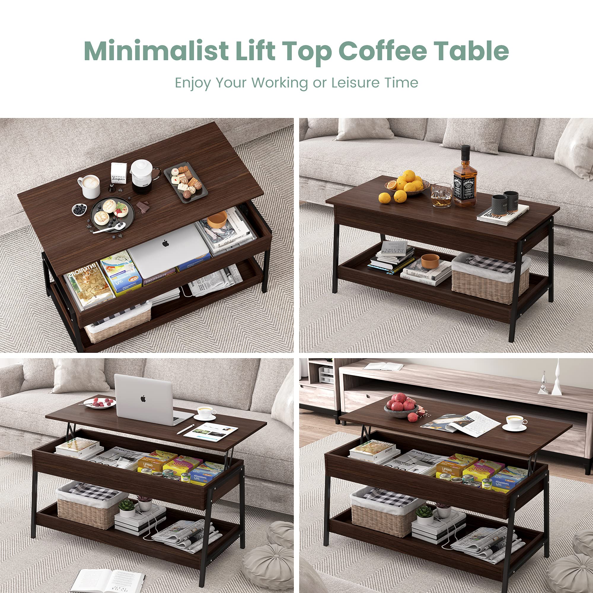 POVISON Lift Top Coffee Table with Storage Shelves and Hidden