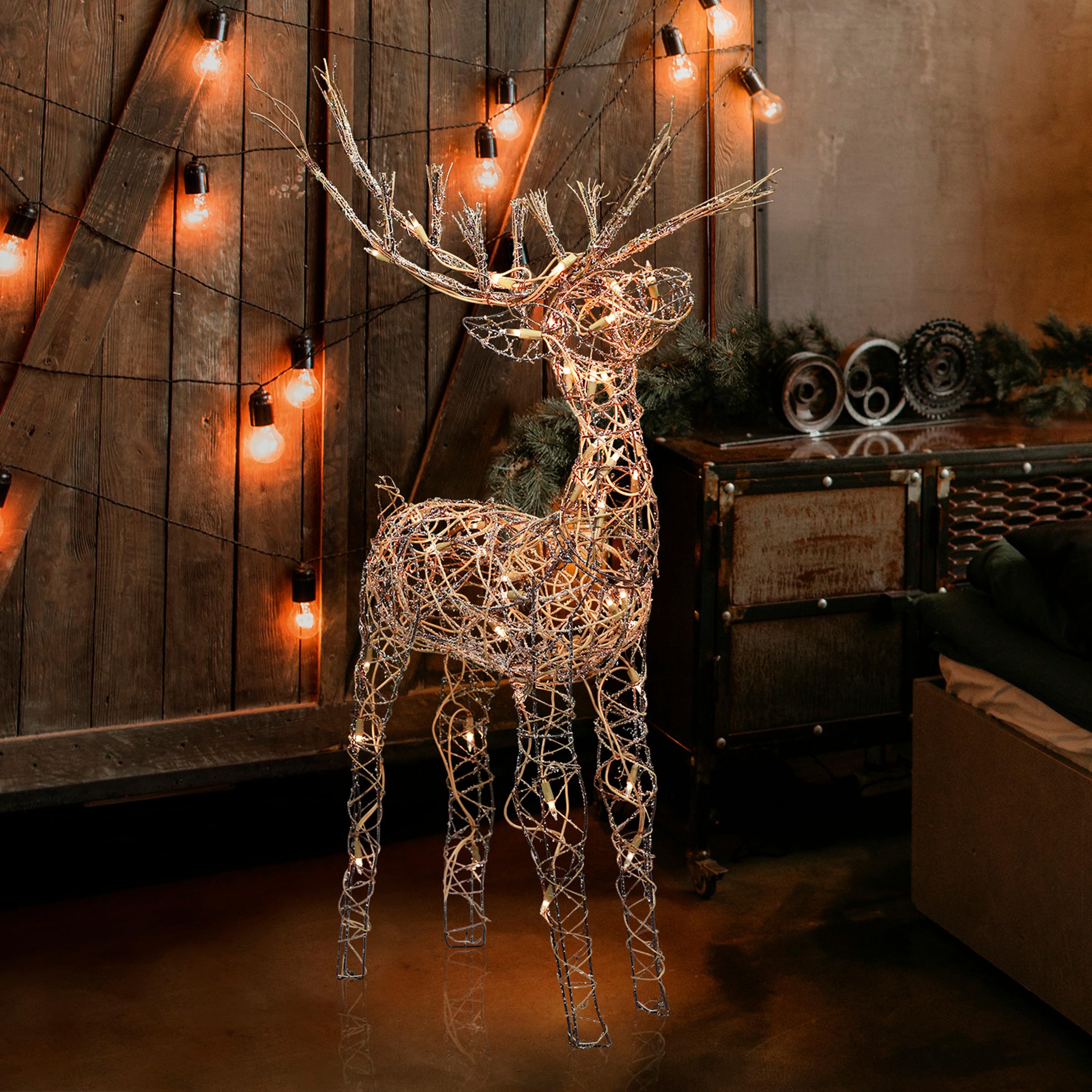 Alpine Corporation Standing Rattan Reindeer Decoration with Warm White Lights, Christmas Decoration