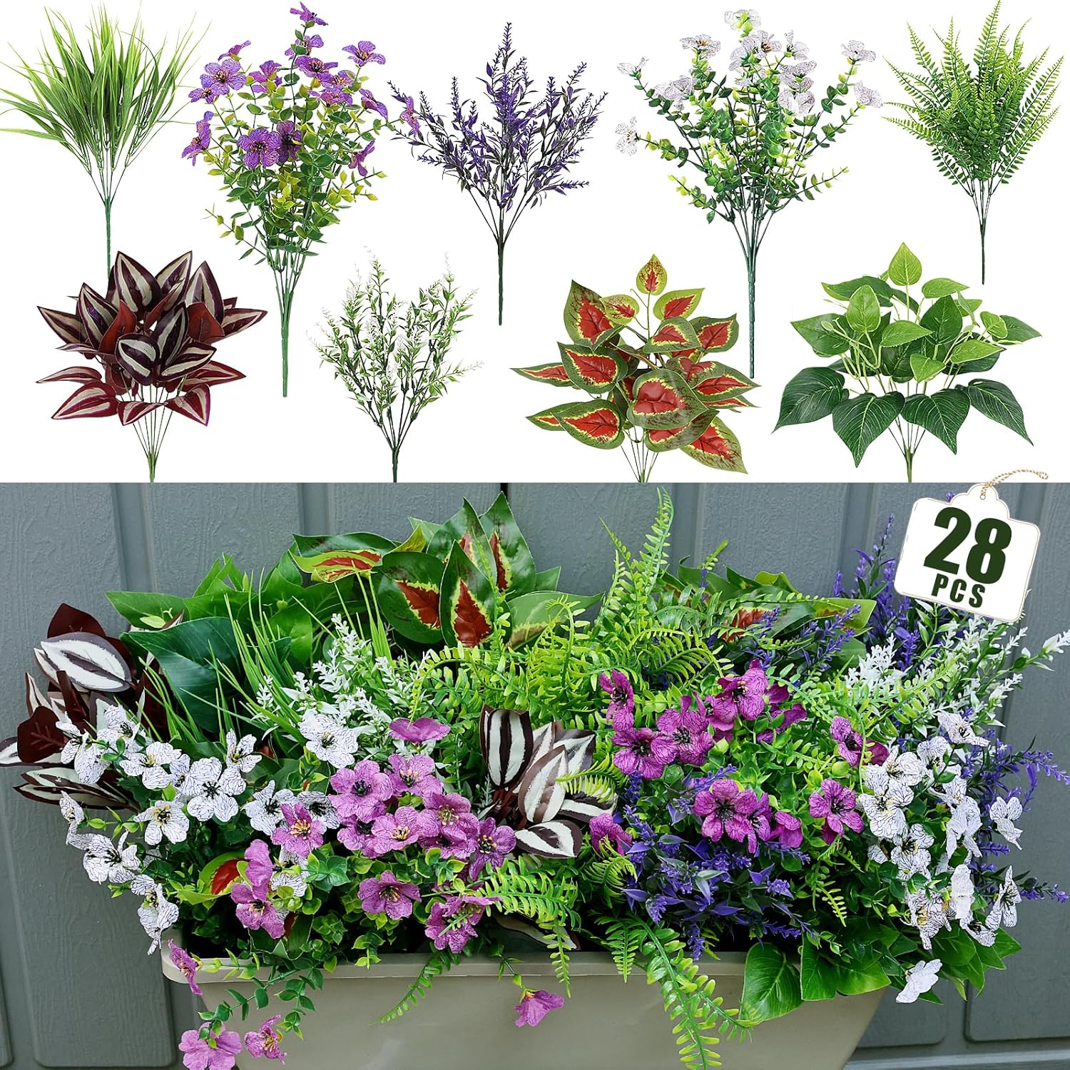 28 Bundles Fake Plants Outdoor UV Resistant Spring Summer Decor Artificial Greenery Faux Plastic Flower Plants Outside for Garden Porch Planter Window Box Hanging Baskets Decor (Red & Yellow)