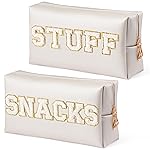 Y1tvei SNACKS STUFF Bag Pouch - Preppy White Snacks Stuff Chenille Varsity Letter Makeup Bag Leather Waterproof Toiletry Cosmetic Zipper Pouch for Purse Travel Organizer Gift for Women(Shell Gold)