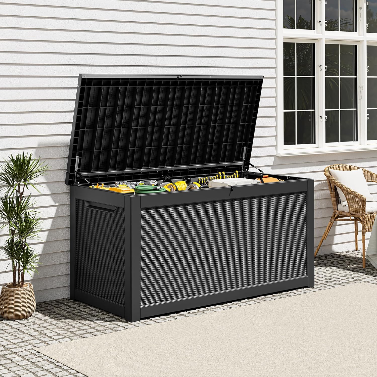Outdoor Storage Deck Boxes Waterproof, Waterproof and UV Resistant Outdoor Storage Box Lockable Lid for Delivery Box, Indoor, Garden Tools, Pool Supplies, Patio (Black, 320 Gallon)