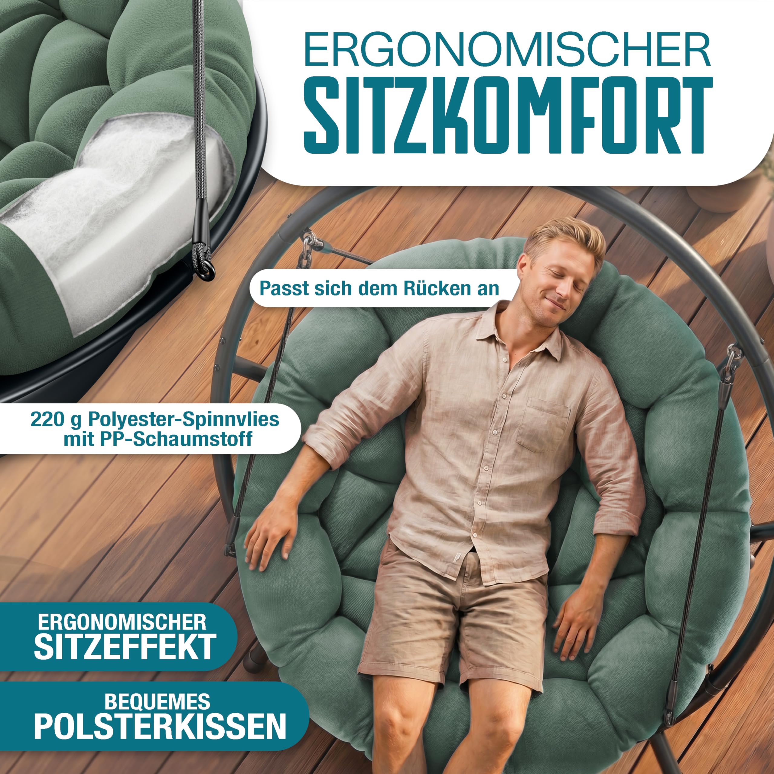 KESSER® Hängesessel mit Gestell Bali Hängeschaukel Hängestuhl bis 150kg für Indoor und Outdoor + Kissen & Seitentasche Hängekorb Stahlgestell & Schaumstoff Sitzpolster