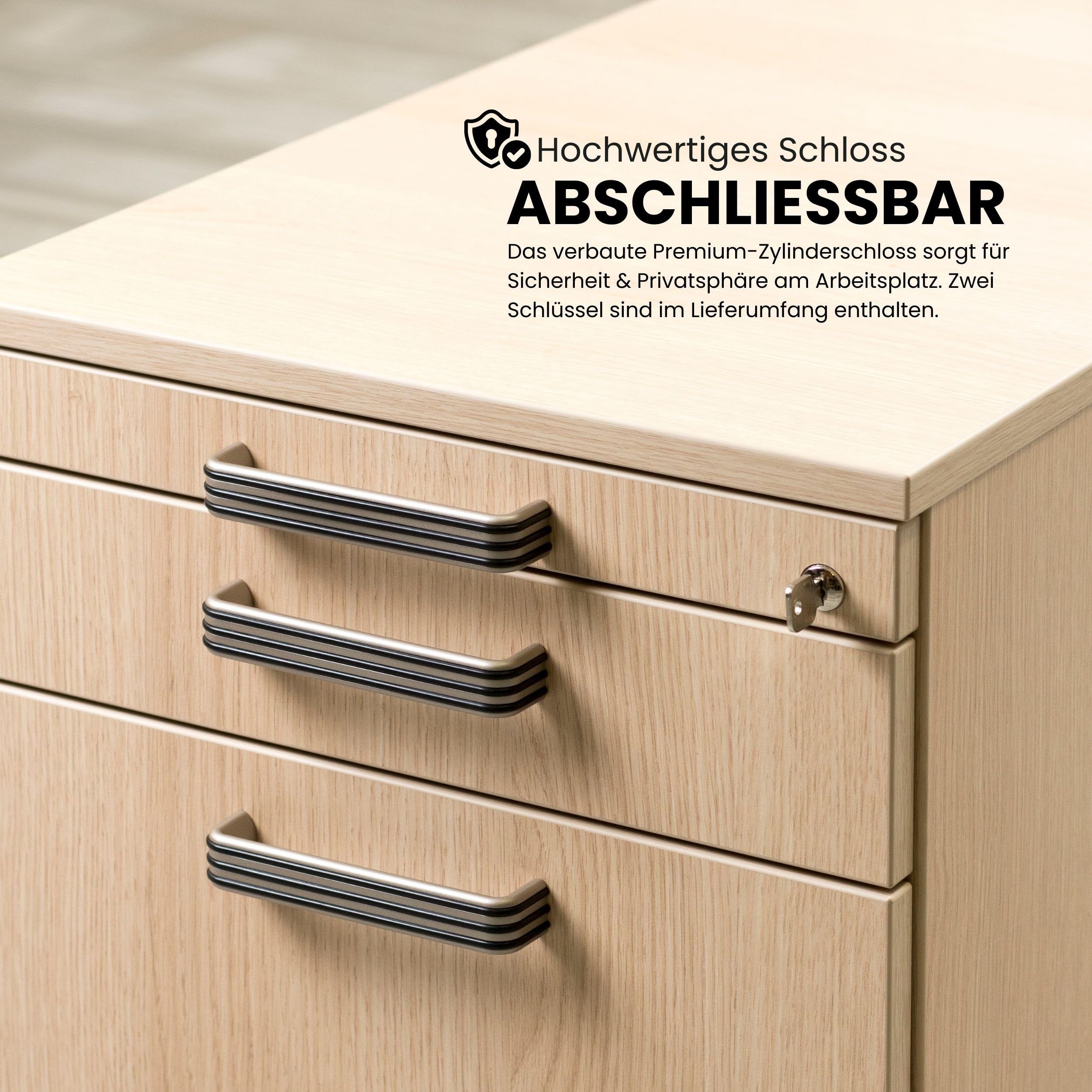 bümö Rollcontainer mit Schubladen, Container abschließbar aus Holz in Ahorn - Rollwagen für's Büro als Schreibtisch Unterschrank, Bürocontainer od. Schreibtischcontainer mit Bogengriffe