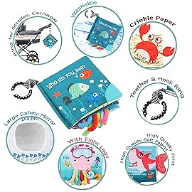 Fish Baby Books Toys, Touch Feel Cloth Crinkle Books for Babies,Baby Infant Toys 0-6, 6-12,12-18 Months,Early Learning Education, Christmas Shower Baby Gifts for Boys Girls,Teething,Mirror,Shark Ocean