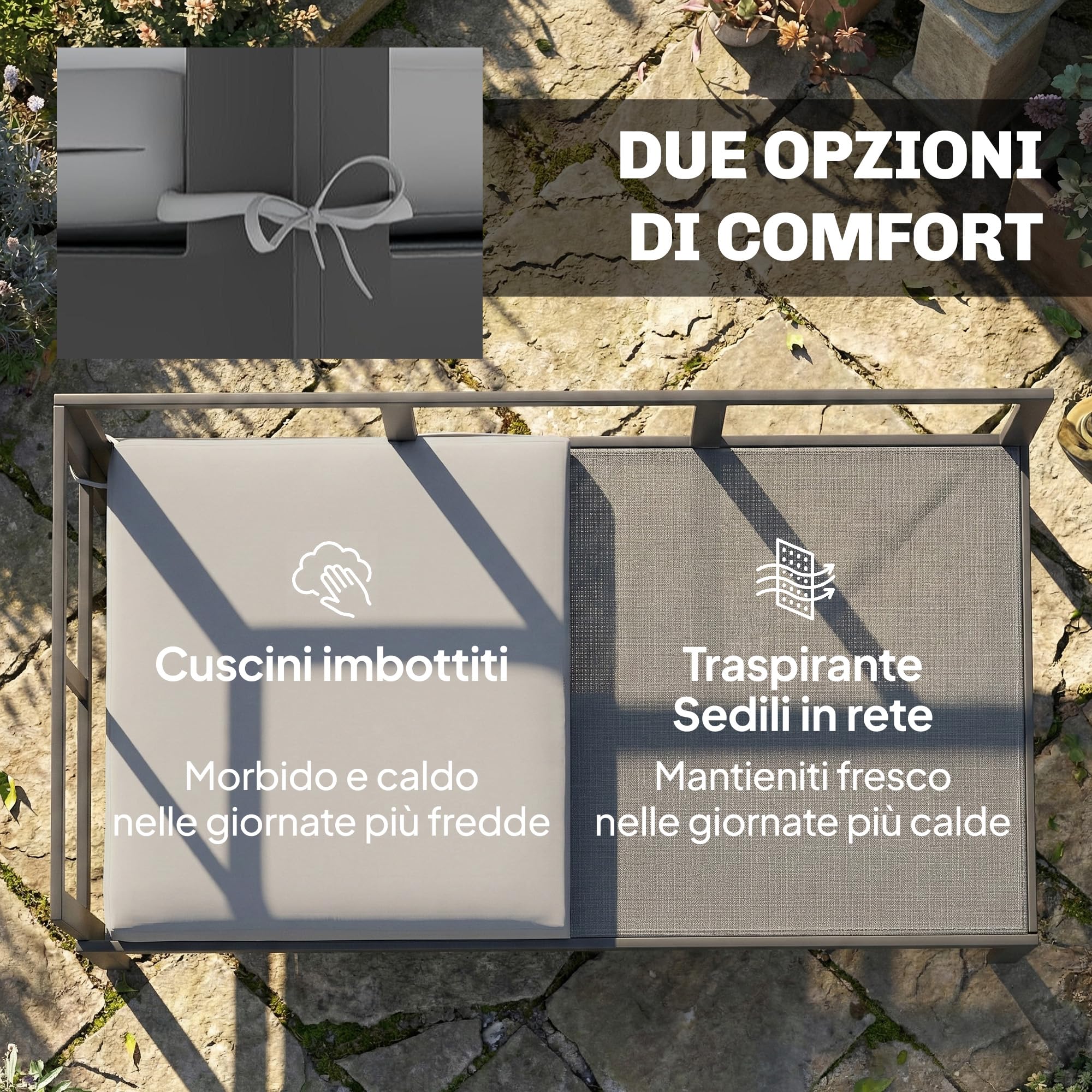 Outsunny Set Salotto da Giardino 3 Pezzi, Set di Mobili da Giardino con 2 Divani 2 Posti con Braccioli Regolabili, Tavolino a Doghe, Cuscini, Struttura in Metallo, Salottino da Esterno ad L, Grigio