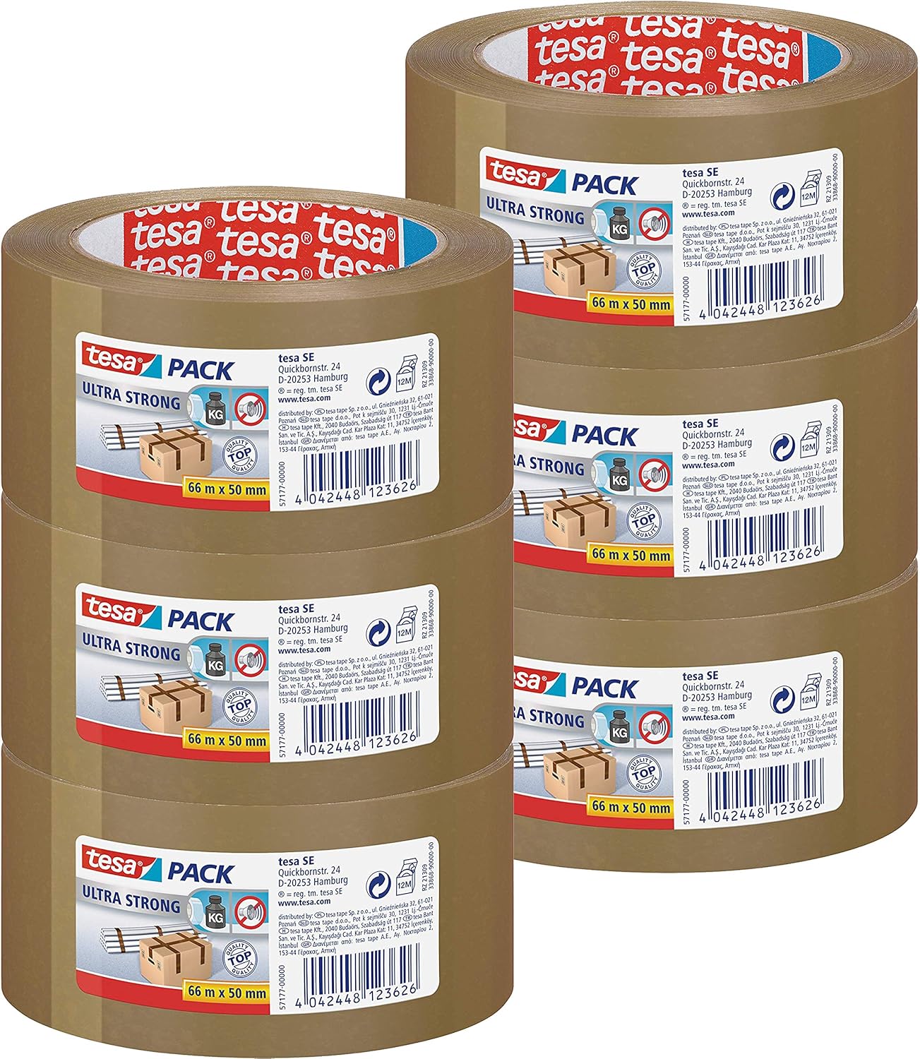 Tesa Ultra Strong Sealing Packing Tape, Plastic PVC, 6 Rolls with Extra Strong Adhesive Power, 66 m x 50 mm, Pack of 3, Brown