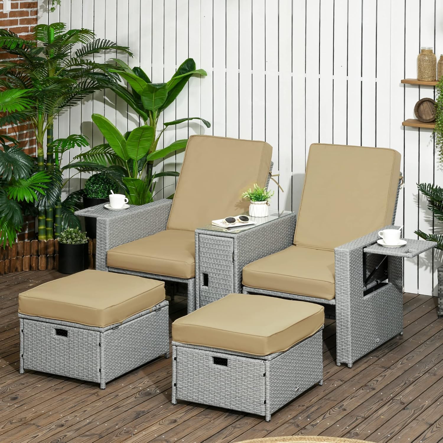Outsunny 5PC PE Rattan Sun Lounger, Outdoor Wicker 5-level Adjustable Recliner Sofa Bed with Storage Side Table and Footstools, for Patio, Garden, Poolside, Beige - Image 2