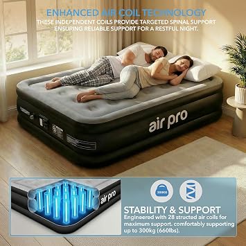 Air Pro Double Size Inflatable Air Mattress with Soft Surface Built-In Electric Pump Quick 3 Min Self Inflating Airbed for Adults & Guests, Blow Up Air Bed For Comfort at Home Or Camping 190x137x46cm