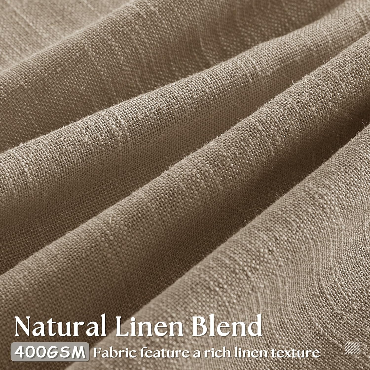Condition photo showing New/Like New for twodrapes light brown linen curtains pinch pleated living room bedroom dining boho light filtering pinch pleat drapes hooks rings back tab semi sheer tan latte coffee color window curtains 2 panels latte 40"w x 90"l (pack of 2)