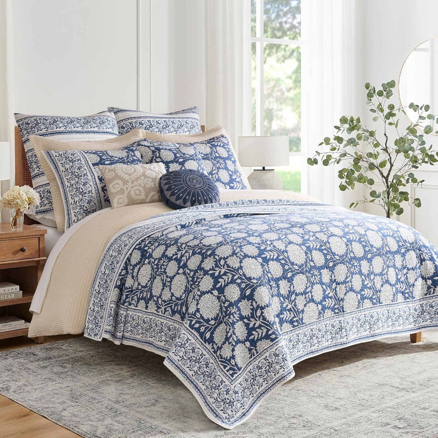 Levtex Home Adare Denim Reversible King/Cal King Quilt Set (106x92in) with 2 Pillow Shams (36x20in) - Floral Bedding - Blue White - Cotton King Size Quilt Bedding Set - Lightweight, Soft, Pre-Washed King/Cal King Quilt Denim