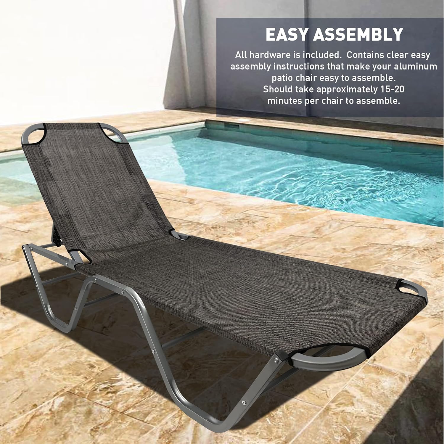 EasyGo Patio Chaise Lounger – Aluminum Patio Sun Lounge Chair – Adjustable Reclining – Outdoor Patio Beach Porch Swing Pool - Five-Position Recliner - Lightweight All Weather – Brown 2 Pack