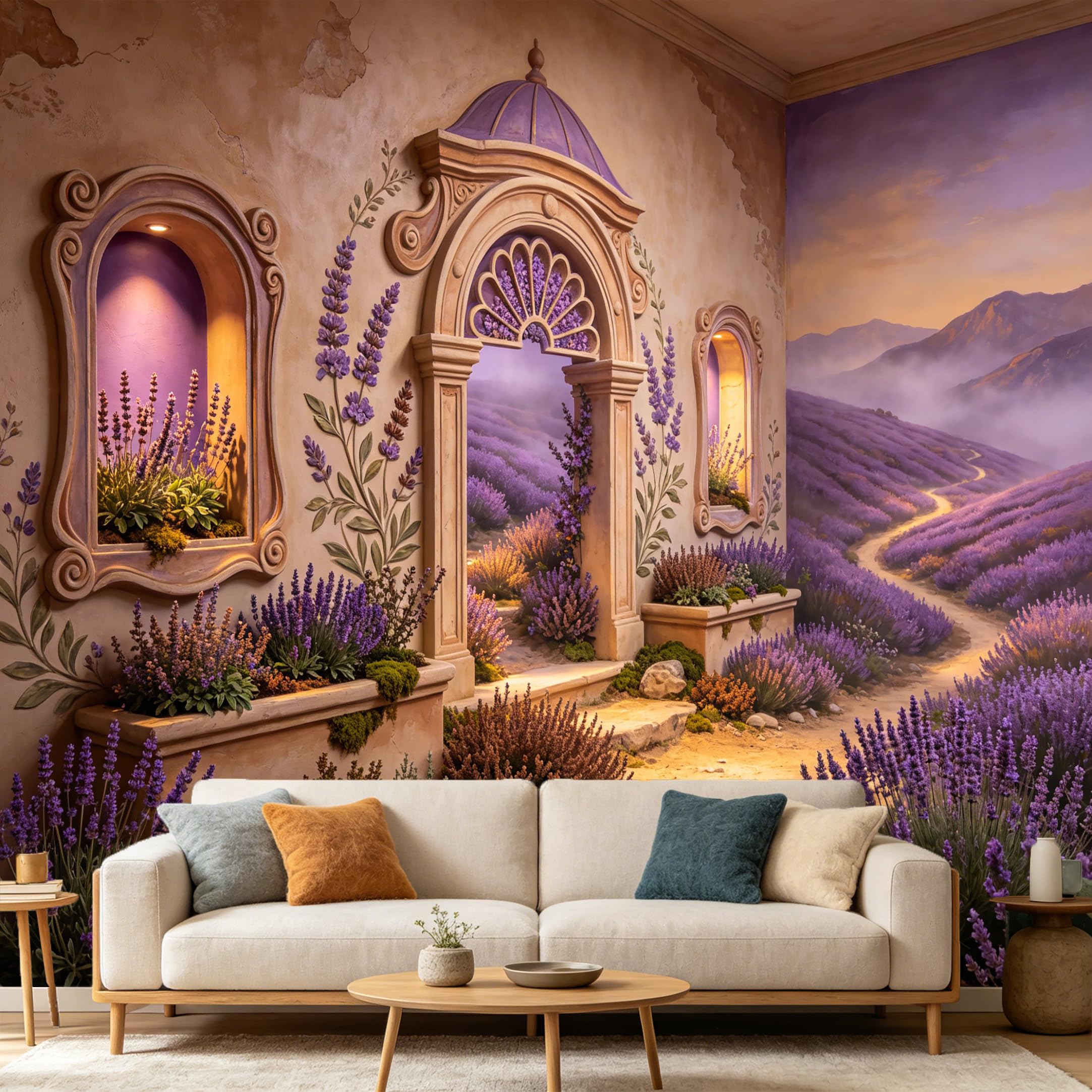 Custom Size Wall Mural， Lavender Field Provence Landscape 3D Archway， SelfAdhesive Art Prints wall Fabric Removable Large Wallpaper Home Living Room Decor Murals