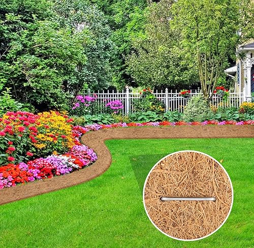 Miniatura 5 de Rollo de mantillo natural para paisajismo, 120 x 6.3 pulgadas, tapete grueso orgánico de fibra de coco con estacas de acero en forma de 20U, rollo