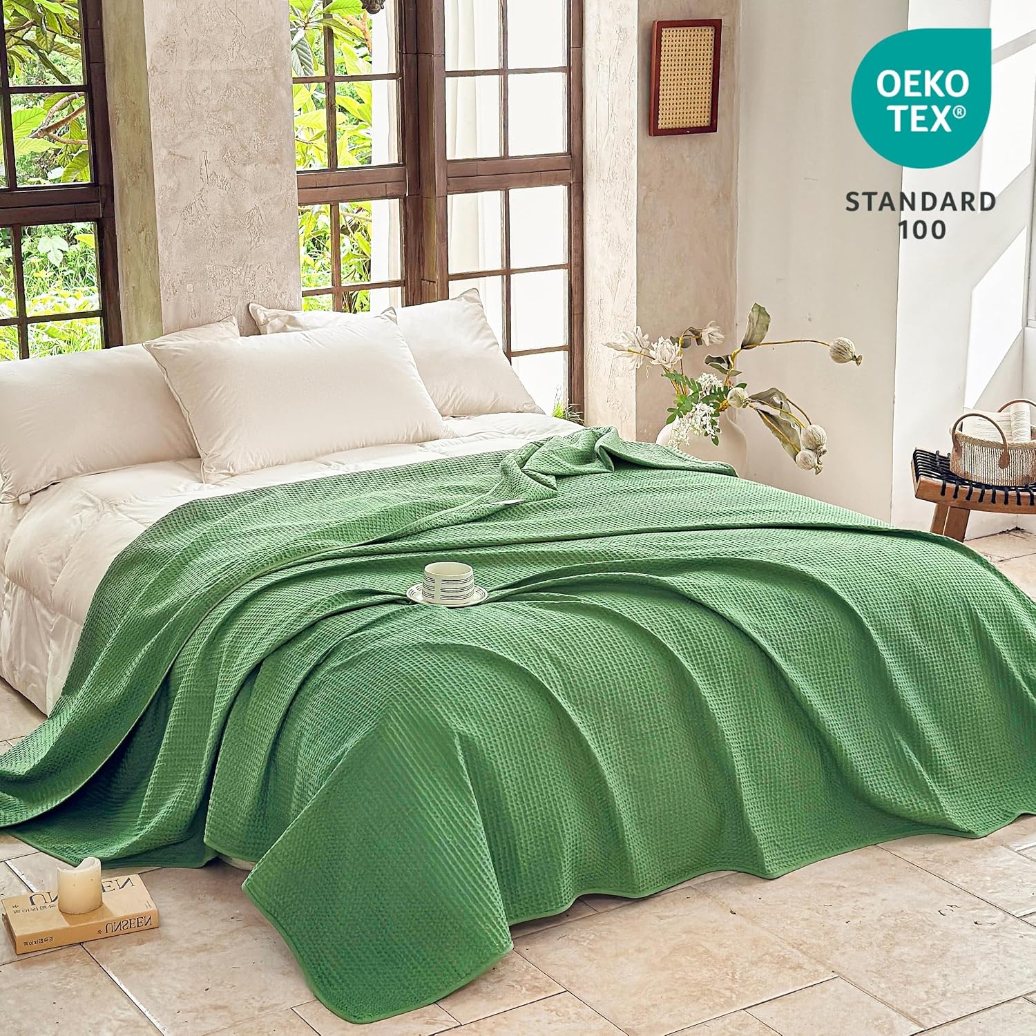 Simple&Opulence 100% Cotton Waffle Weave Queen Blanket, Green | The soft waffle weave adds texture, while breathable cotton offers lightweight comfort for your bed, sofa, or couch