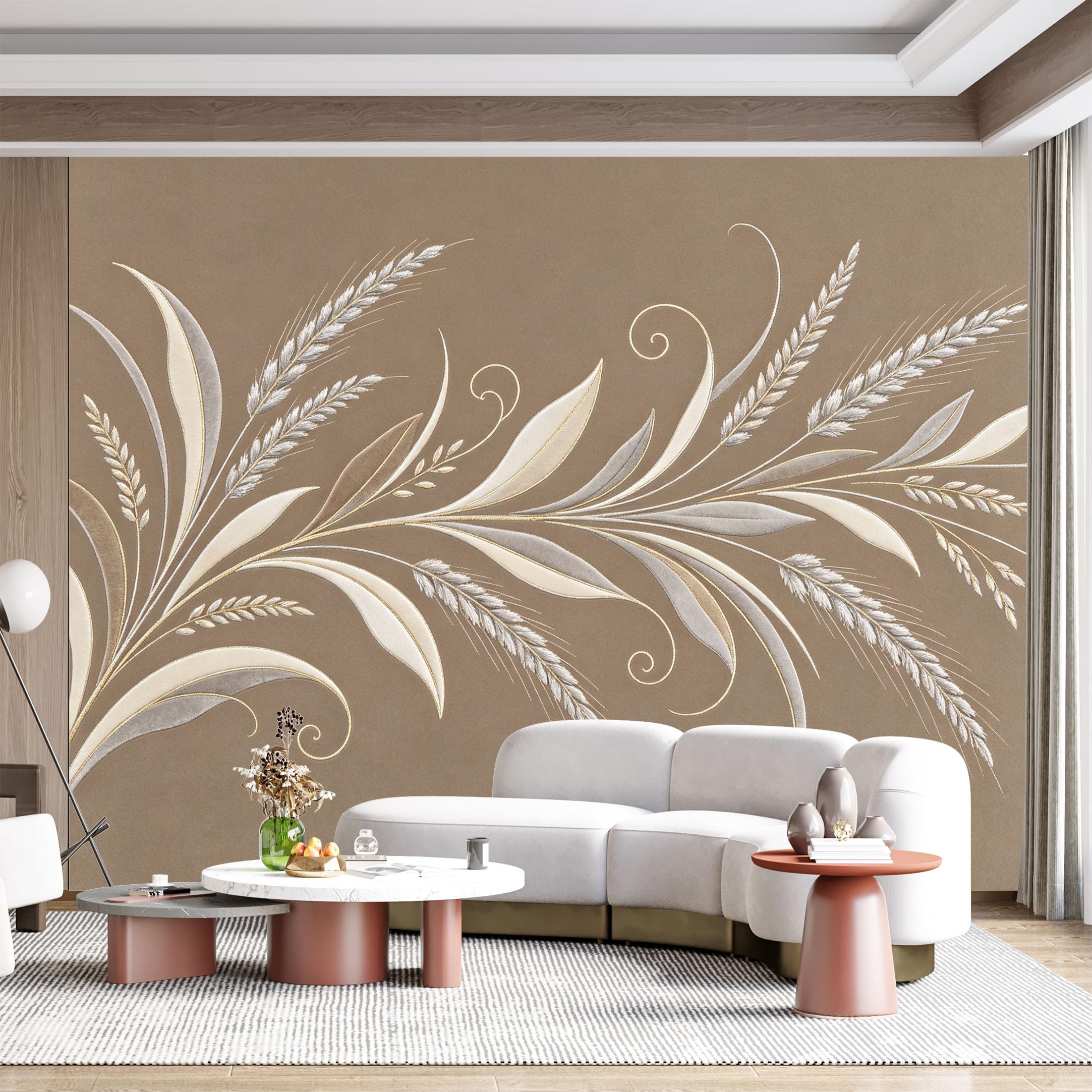 Custom Size Wall Mural Wheat Ears Botanical Floral Design Embroidery Textured SelfAdhesive Wall Fabric Removable for Home Office Decor