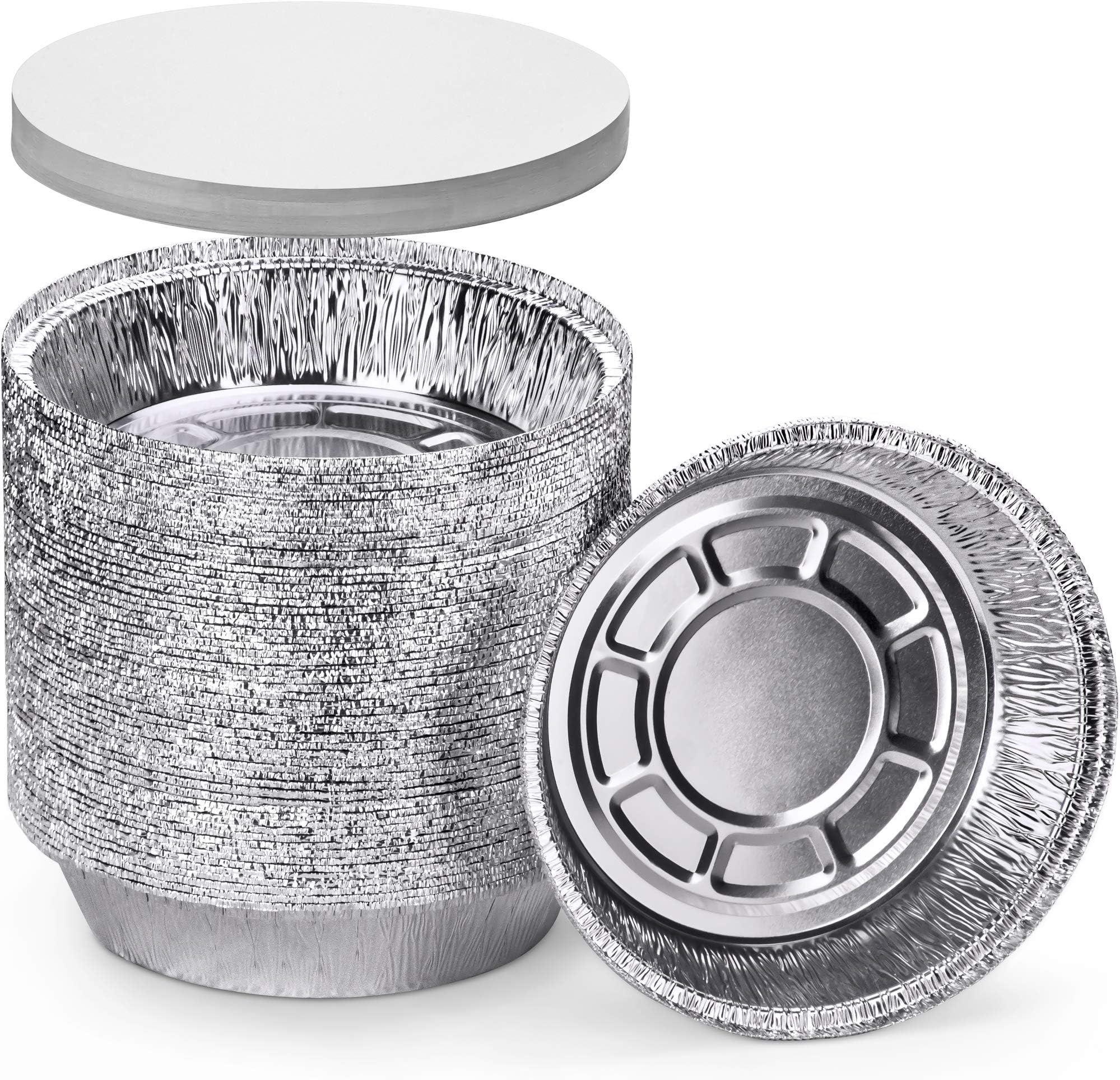 DecorRack Round 7 Inch Aluminum Pans with Flat Board Lid, Heavy Duty Tin Foil Pans, Perfect for Reheating, Baking, Roasting, Meal Prep, to-Go Containers, Environmentally Friendly (Pack of 14)