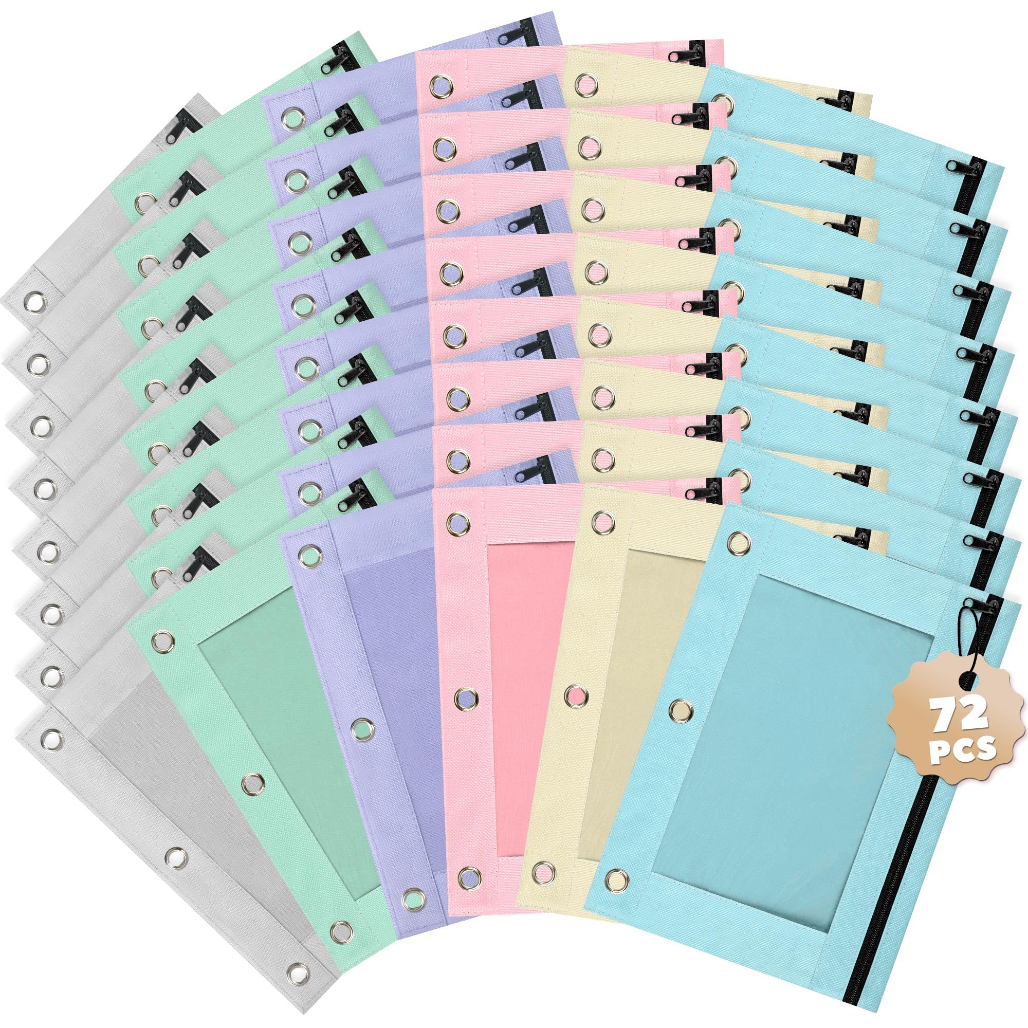 Lanpn Pencil Pouch for 3 Ring Binder 72 Pack, Pastel Binder Pen Bags Bulk with Zipper, Aesthetic 3 Holes Pencil Holder Organizer for Boy Girl Kids School Student, Reinforced Grommets &amp; Clear Window