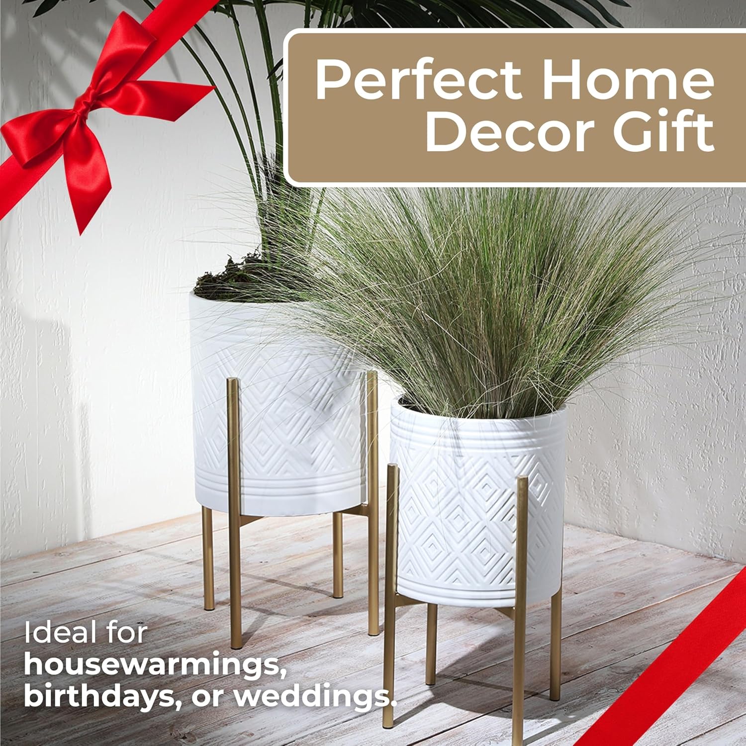 Decorative Flower Pots with Metal Stand for Home Decor - Modern Planters for Hallway, Entryway, and Living Room Decor - Indoor and Outdoor Pots for Plants - Set of 2, 23", 19", White & Gold