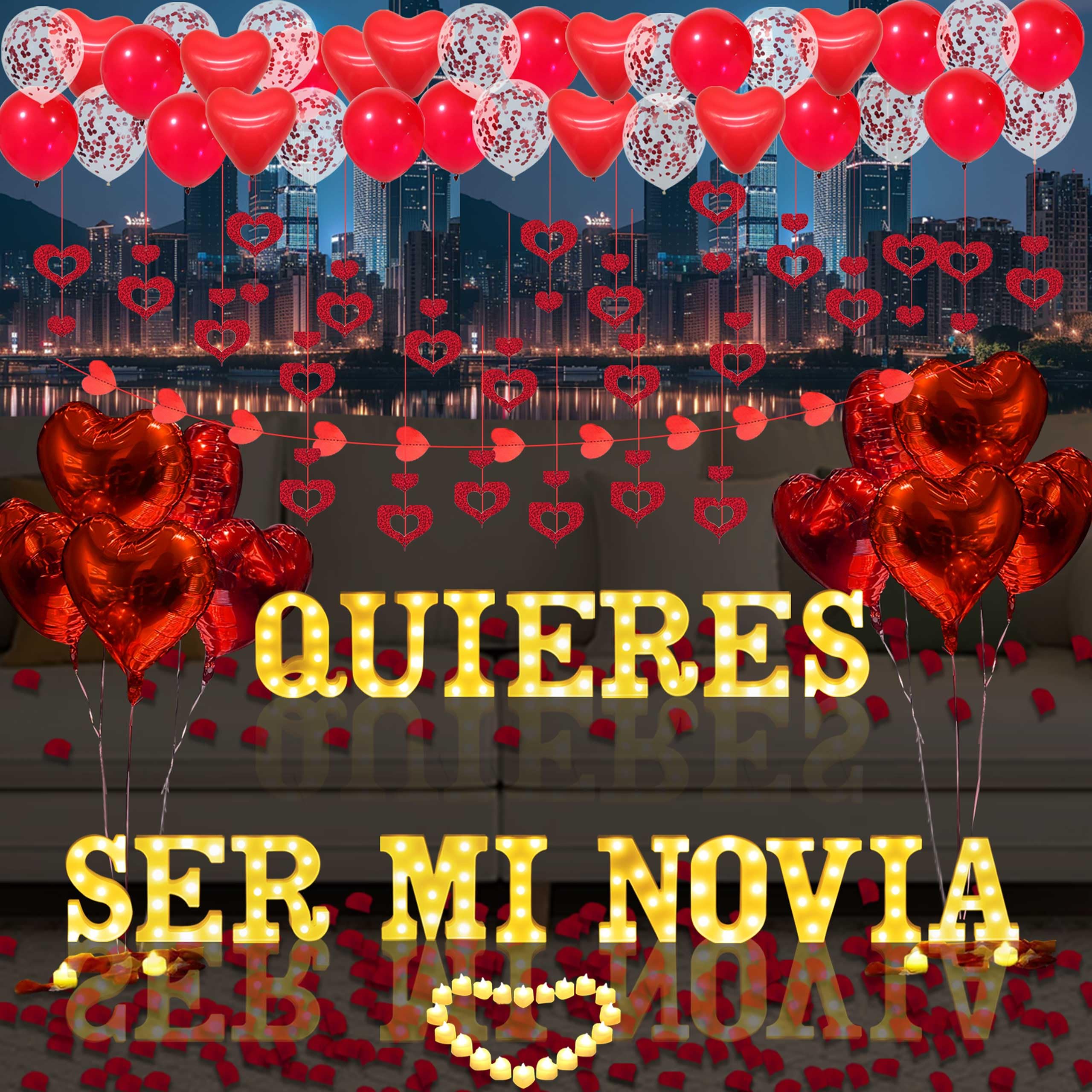 Quieres Ser Mi Novia Light Up Letters Proposal Decorations, 17Pcs 6.3" Letter Signs, 24Pcs Flameless Candles 2000Pcs Red Artificial Rose Petals 45Pcs