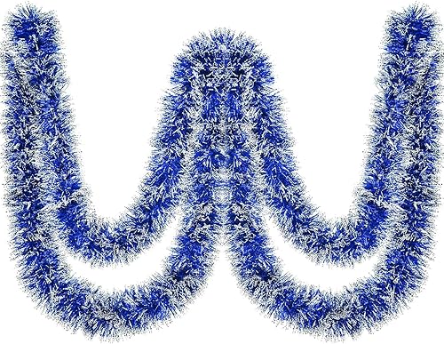 Vista 4 de BBTO Guirnalda de oropel azul y blanco de 32.8 pies de Navidad, decoración de árbol de Navidad, guirnalda metálica para colgar en el techo