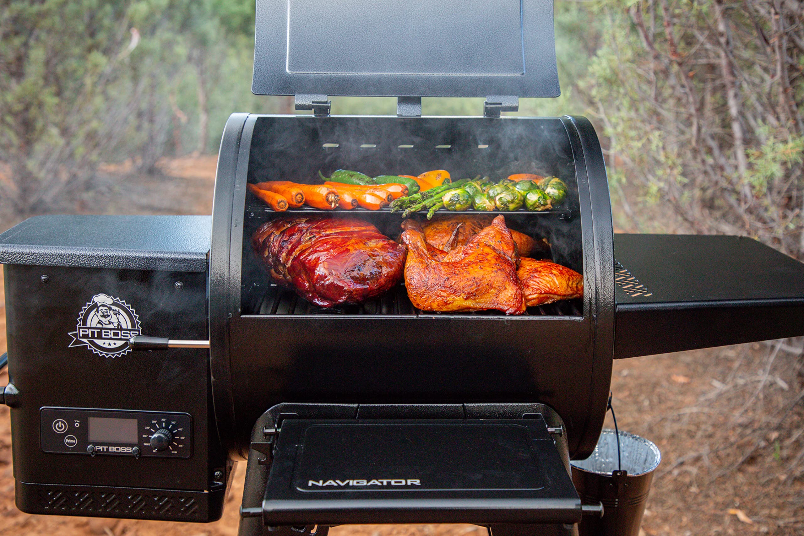 Pit Boss Navigator Series Grill e forno per affumicatura 260 gradi ripiano pieghevole rivestito in porcellana