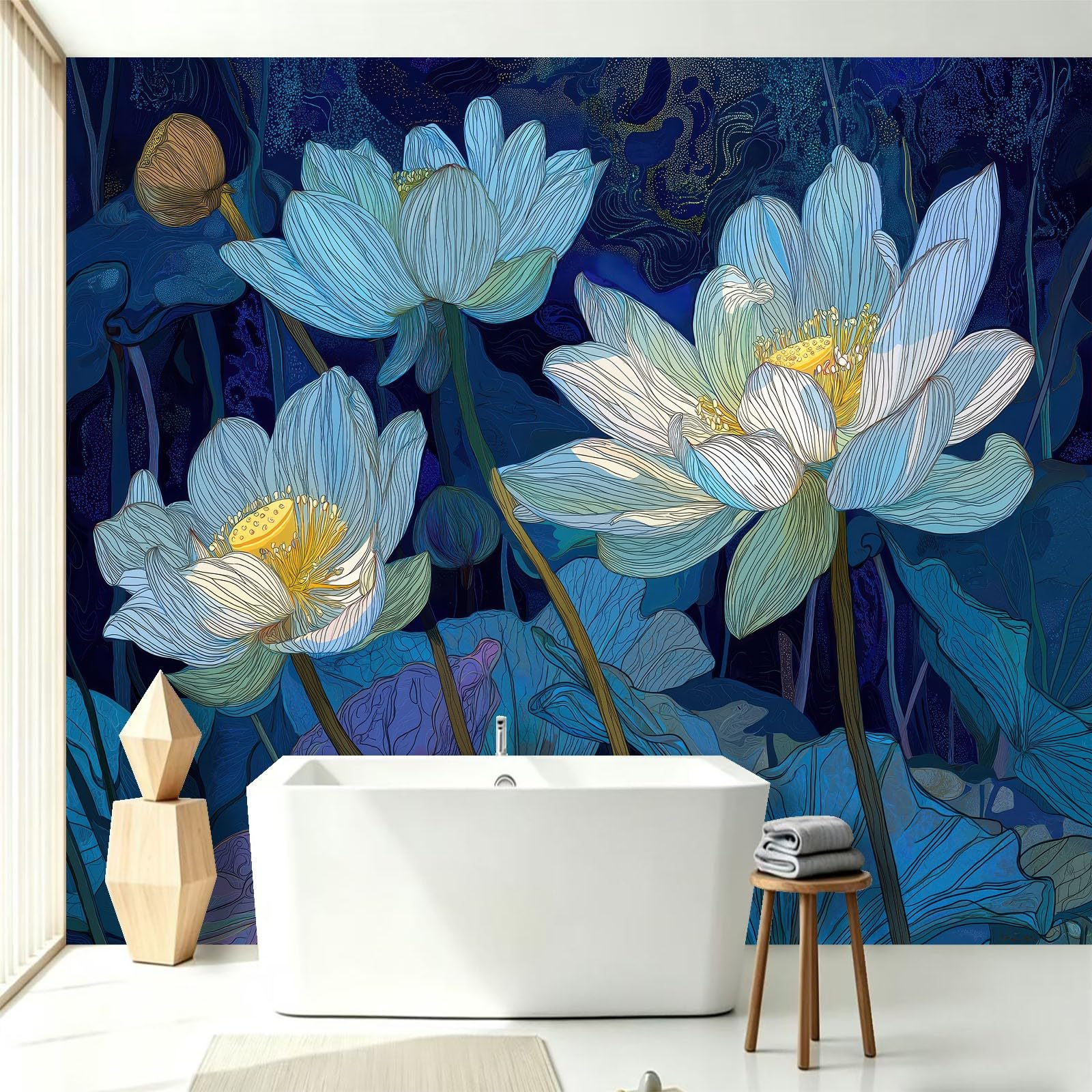 Fototapeta do salonu, kwiaty, lilia wodna, powierzchnia wody 400 x 280 cm, akwarela, lotus, druk 3D, tapeta na fizelinę, tapeta ścienna do sypialni, pokoju dziecięcego, tło TV, tapeta z włókniny