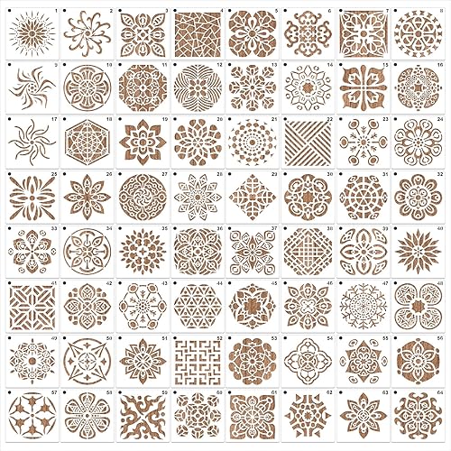 64 plantillas de pintura geométrica de mandala, plantillas de pintura reutilizables para bricolaje, tela de lona, decoración de pared, juego de