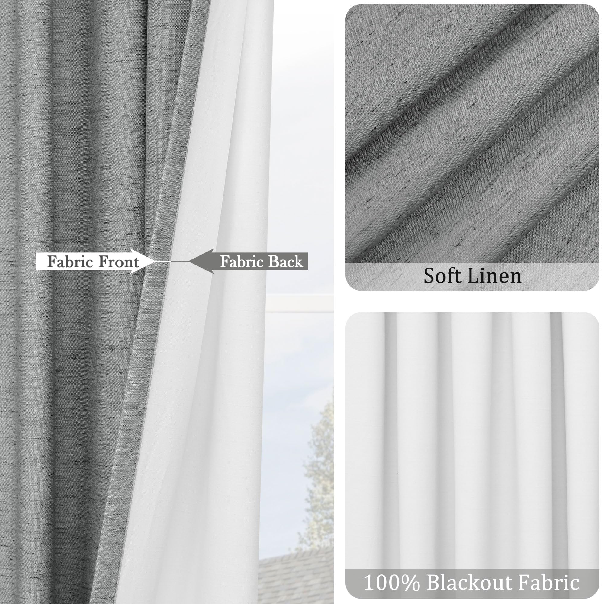 UHITECH Graue Leinen-Schlafzimmer-Vorhänge, Verdunkelung, 244 cm Länge, Schlaufenvorhänge und Vorhänge, moderne Verdunkelung für Wohnzimmer, schalldicht und wärmeisoliert, Fenstervorhänge