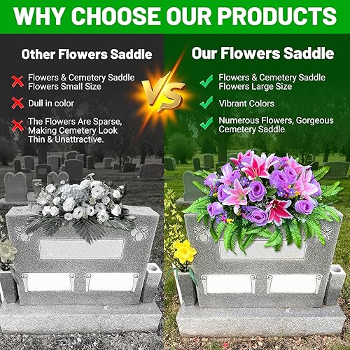 Miniatura 6 de Sillas de cementerio para lápidas, flores de cementerio artificiales para arreglos florales de tumba, rosas y moradas, decoraciones de tumbas al