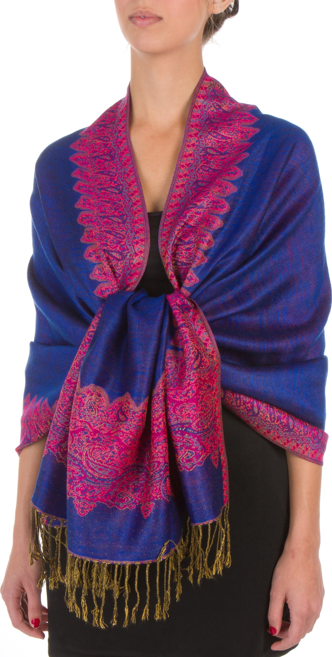 Sakkas Women's Royal Blue Border Pattern Layered Reversible Woven Pashmina Shawl Scarf Wrap Stole
