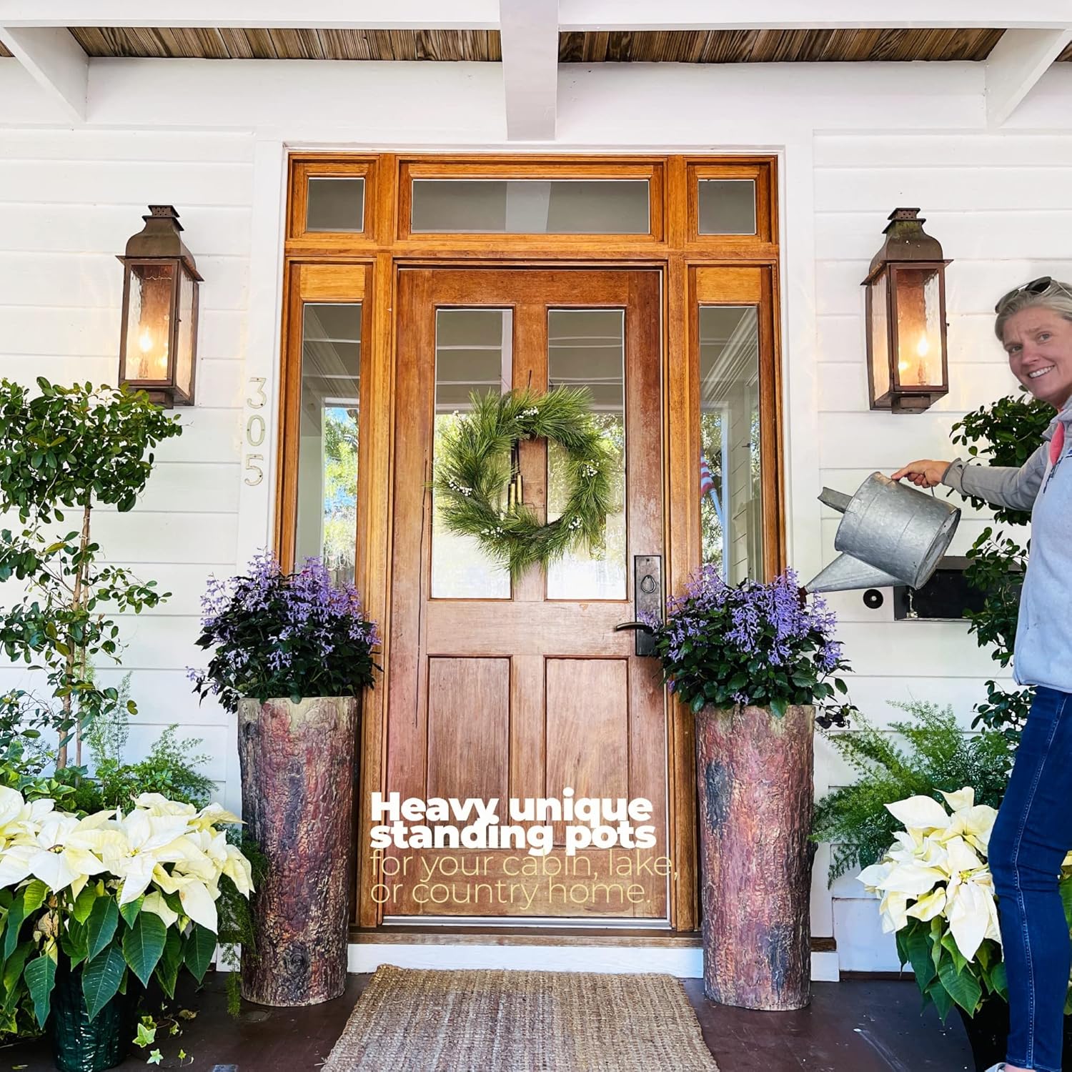 Country Front Door Tall Log Planters Set (2) Extra Large Heavy Cabin, Farmhouse & Lake House Entrance Pots. Rustic Porch & Patio Plant Decor.