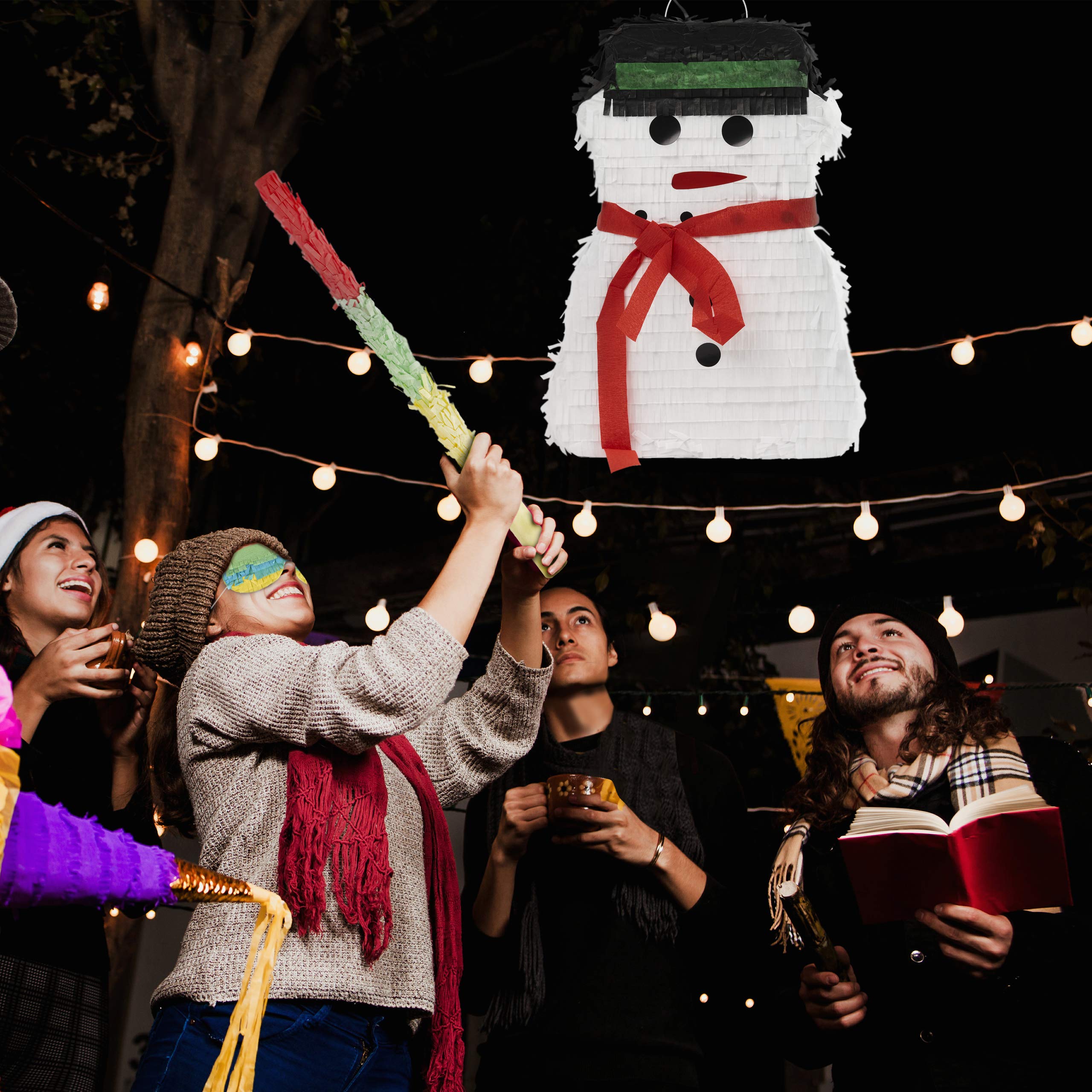 THE TWIDDLERS Schneemann Piñata zum Befüllen mit Spielzeug, Mitgebsel - mit Stock & Augenbinde
