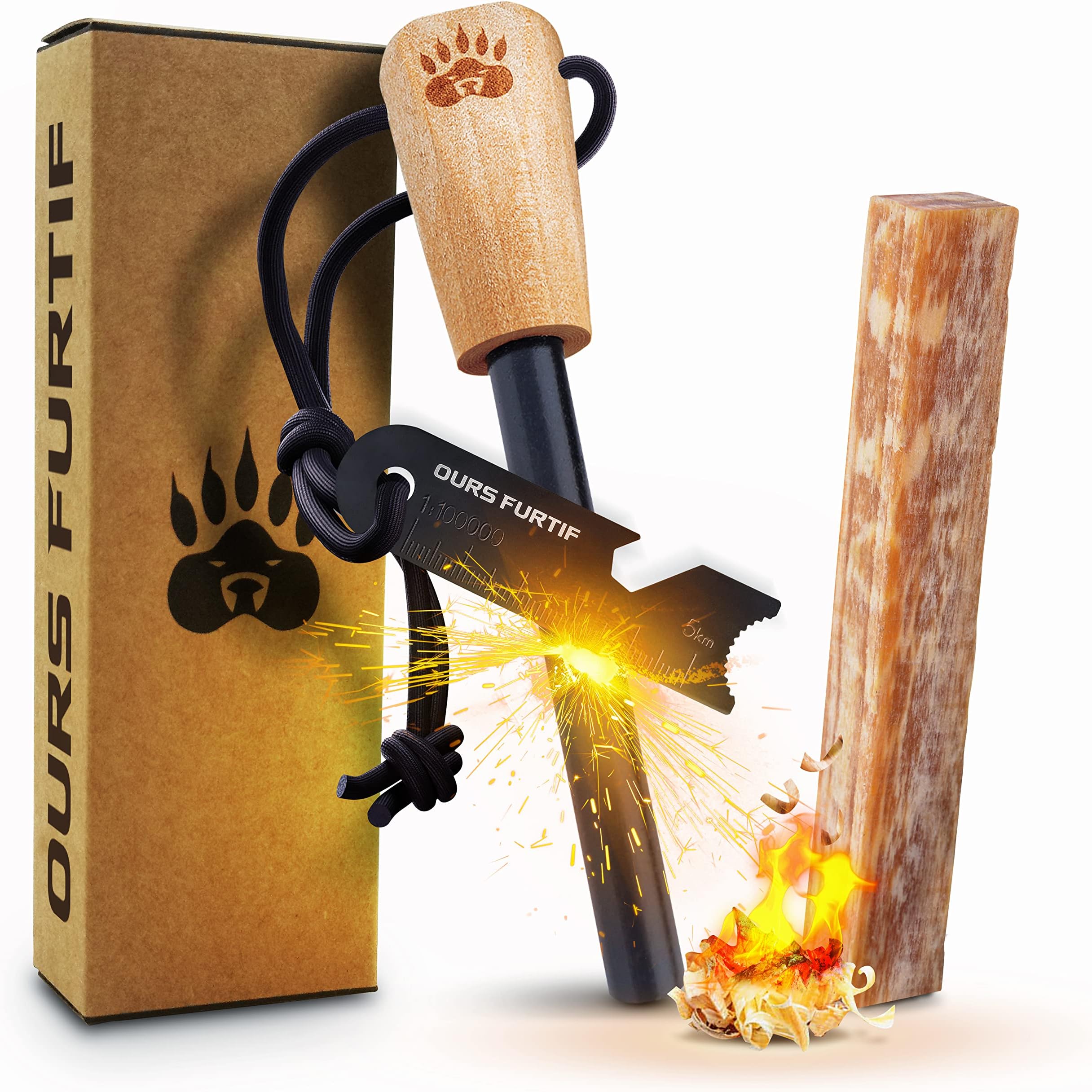 Survival Flint and Steel - Fire Starter Ferrocerium XL 10mm - Light More Than 15,000 Fires Ferro Rod - Firelighter Included - Firestarter Survival Kit for Camping, Bushcraft (Pine wood)