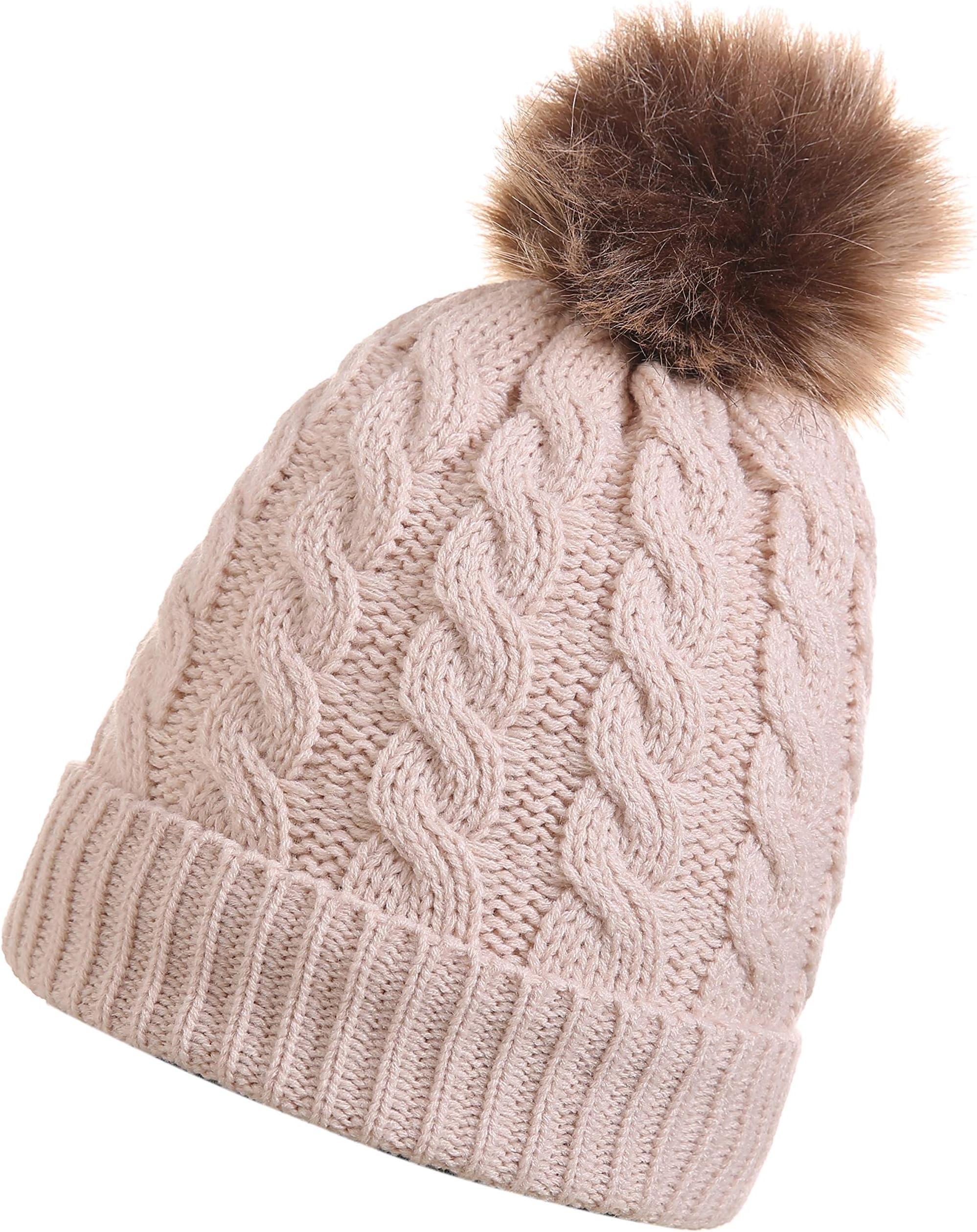 GRAMONI Women's Winter Ribbed Knit Faux Fur Pompoms Chunky Lined Beanie Hats