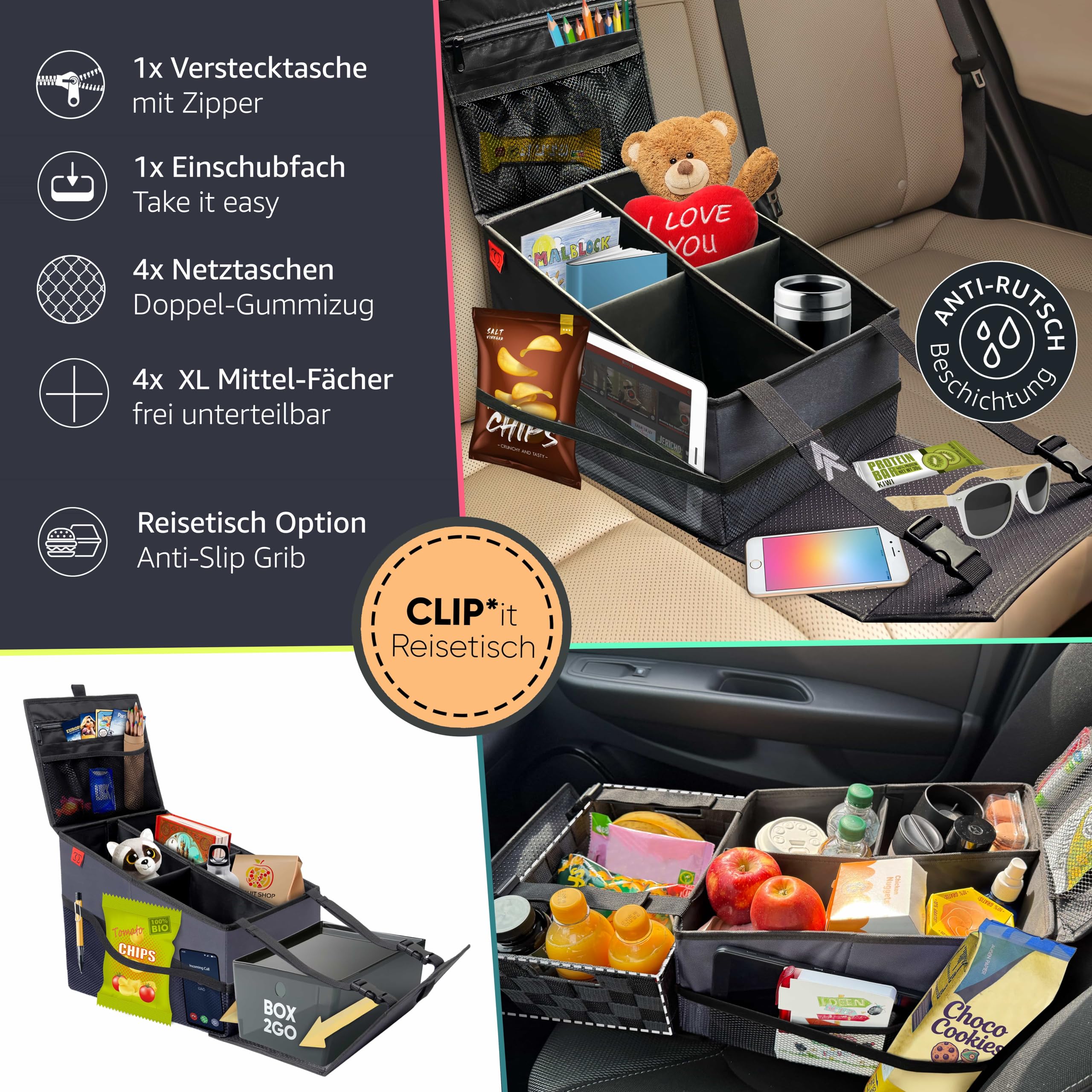 ESSENZZ ROADSSTA - Organizador para asiento trasero de coche 3 en 1 para niños con función de mesa de viaje y soporte para bebidas, asiento del copiloto y maletero