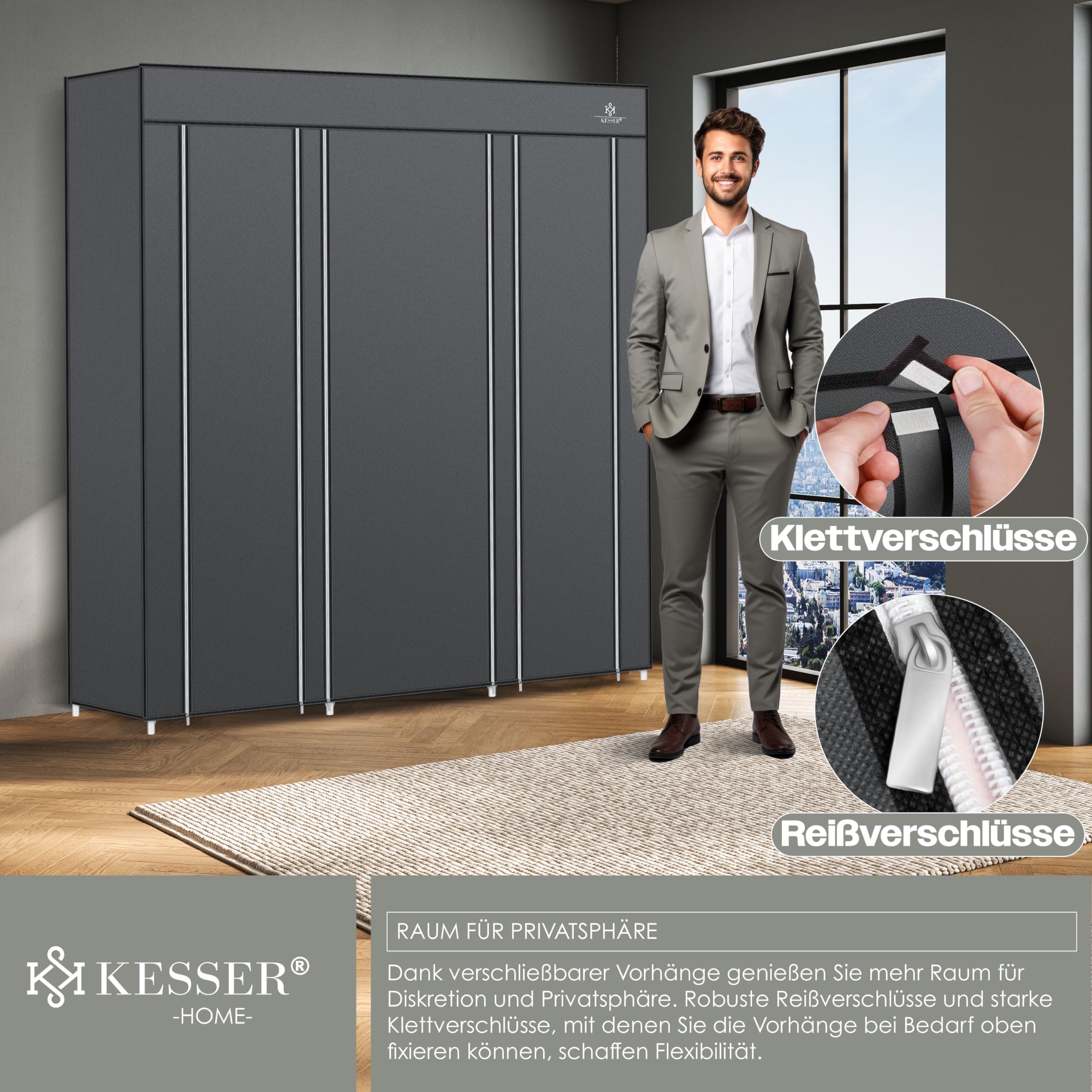 KESSER® Armoire en Tissu Solide avec Tringle à vêtements et étagères, 5 cintres Inclus, Armoire Pliante en Tissu pour Chambre à Coucher, Dressing avec Porte-Manteau 150 x 45 x 175 cm Anthracite