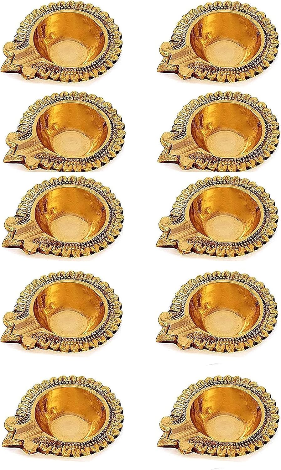 SATVIK 10 Pc Lakshmi Deepak for Diwali Decoration Handmade Oil Lamp Golden Engraved Made of Virgin Brass Metal Vilakku for Puja Traditional Indian Deepawali Housewarming Return Gift Item