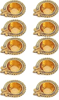 SATVIK 10 Pc Lakshmi Deepak for Diwali Decoration Handmade Oil Lamp Golden Engraved Made of Virgin Brass Metal Vilakku for Puja Traditional Indian Deepawali Housewarming Return Gift Item