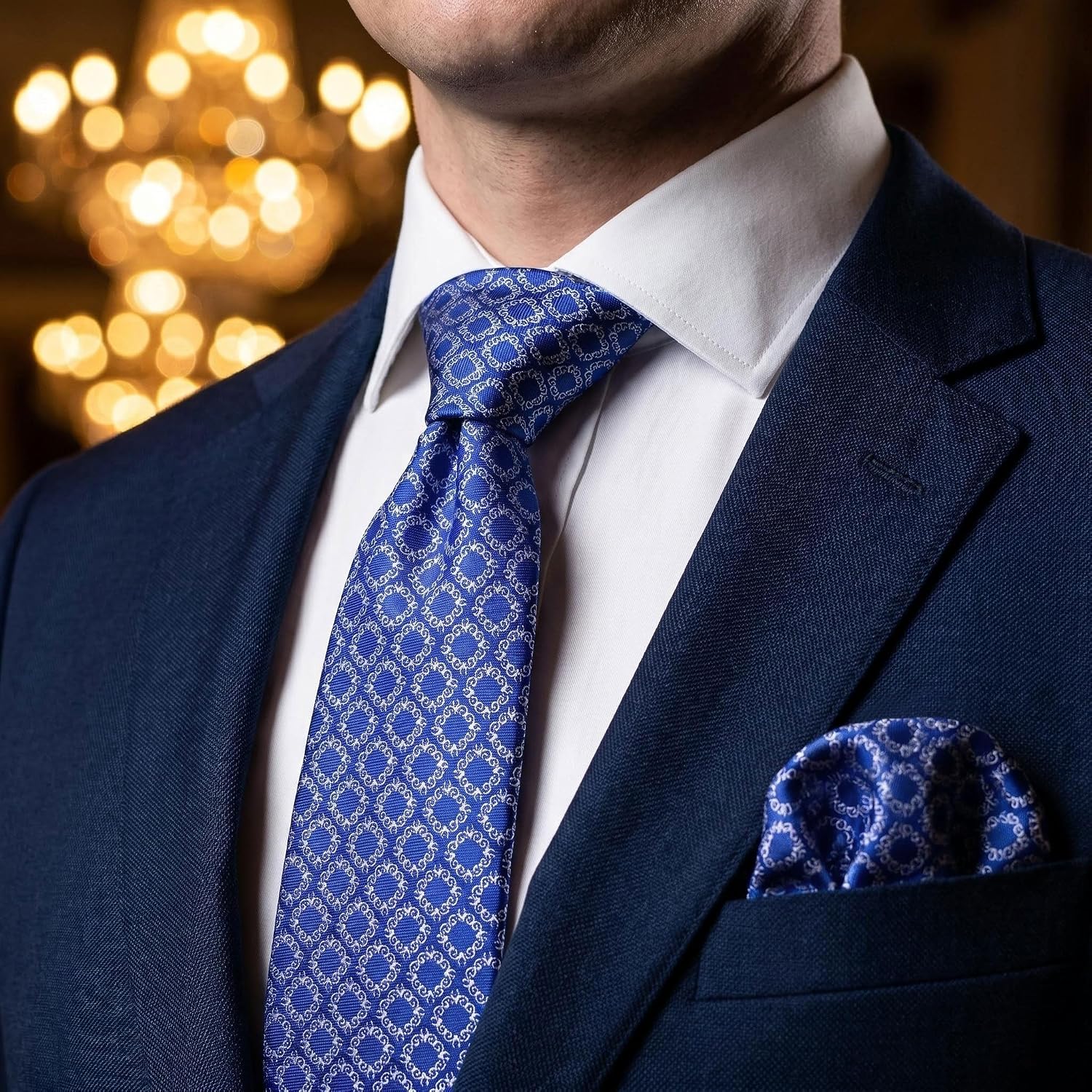 S&W SHLAX&WING Mens Tie Set Necktie Hanky Royal Blue White Checkered Satin Party