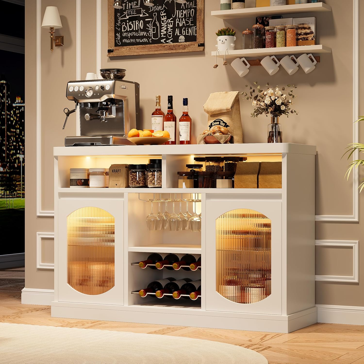GarveeHome Modern Coffee Cabinet with Led Lights, White Bar Cabinet with 2 Glass Doors, Coffee Bar Cabinet with Adjustable Shelves, Wine Cabinet with Wine Racks for Kitchen, Dining Room, Living Room