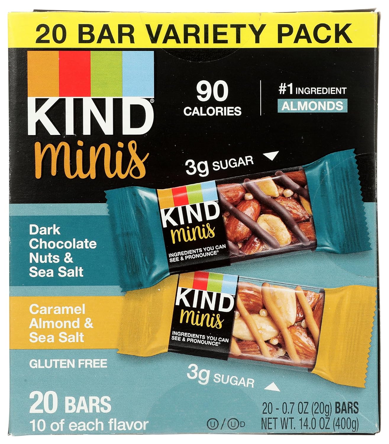 KIND Mini Snack Bars Variety Pack, Gluten Free, Low Sugar, Low Calorie Snacks, Dark Chocolate Nuts & Sea Salt, Caramel Almond & Sea Salt, 20 Count
