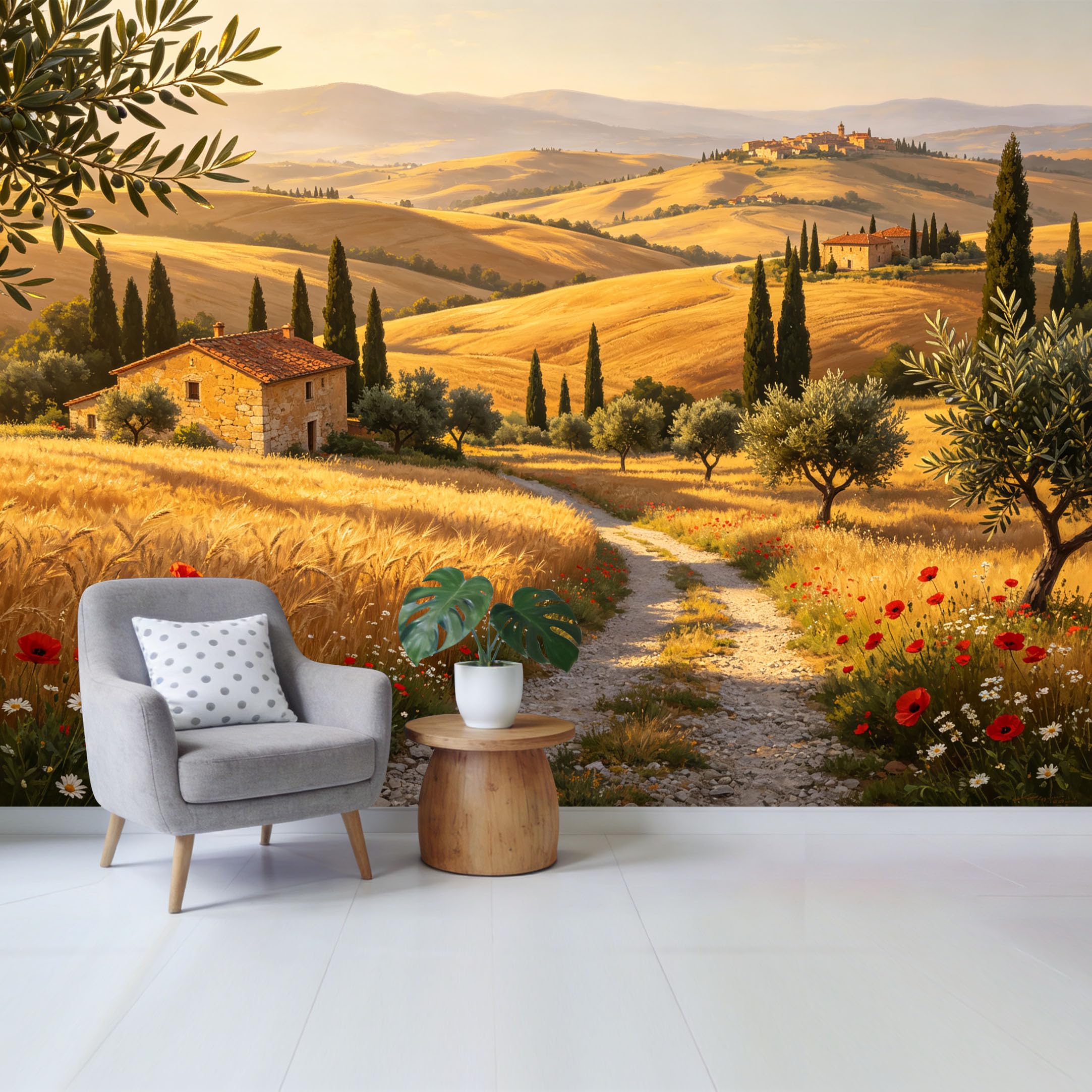Custom Size Wall Mural Tuscan Golden Wheat Field Landscape Oil Painting Removable Self Adhesive Fabric， Home Wall Decor for Living Room Bedroom Bathroom