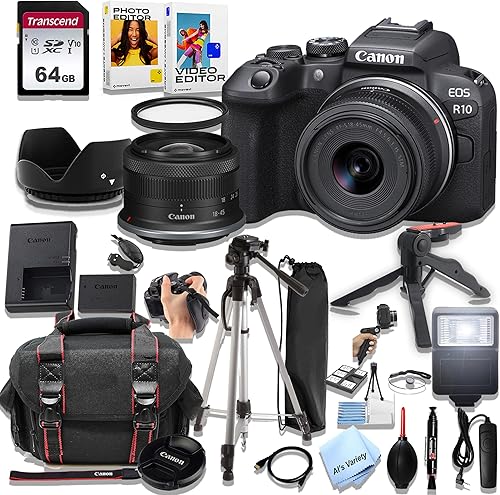 Canon Cámara sin espejo EOS R10 con lente de 0.709-1.772 in + memoria de 64 GB, filtro, funda, trípode, flash y más (paquete de 28 piezas)