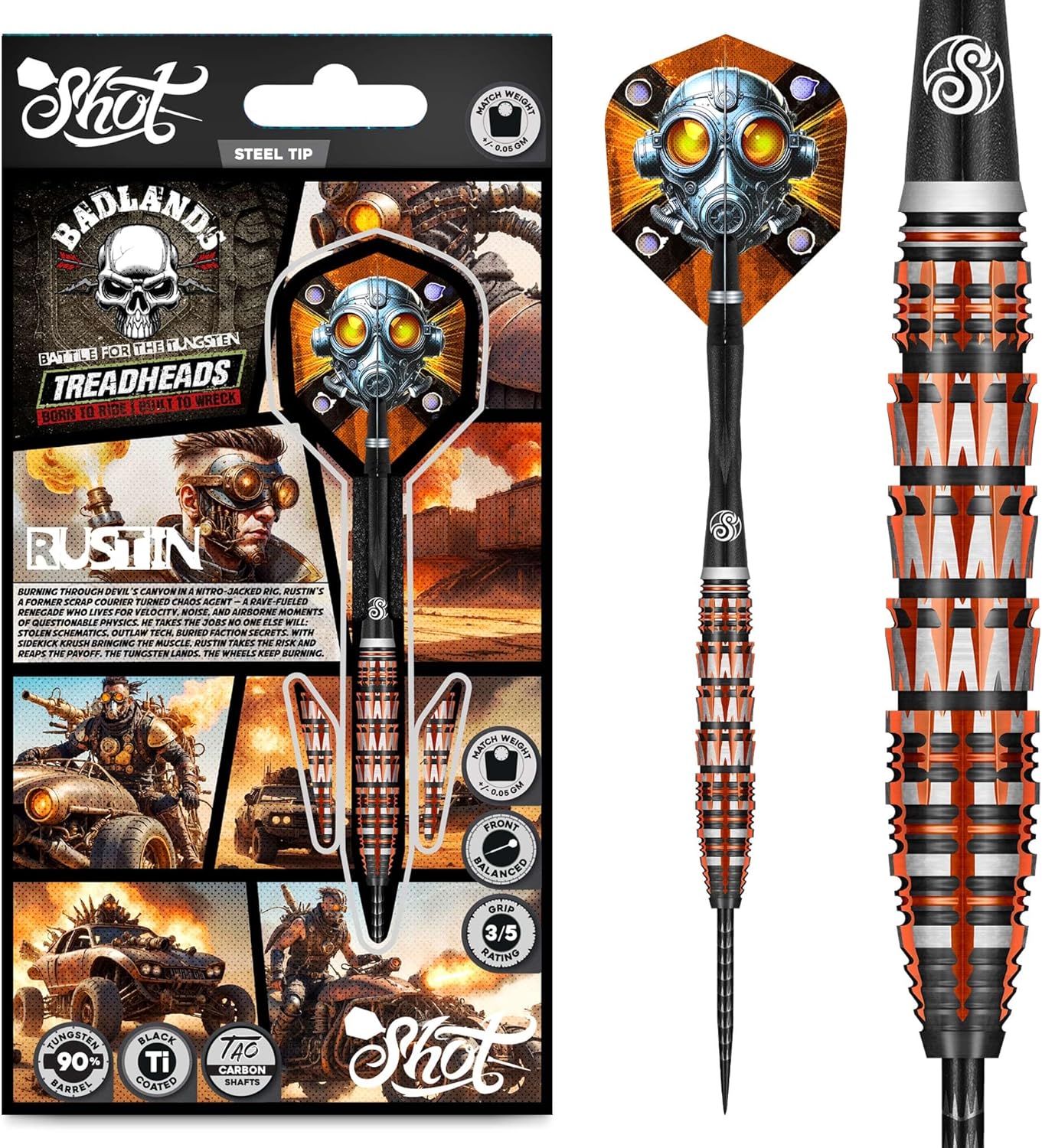Shot! Badlands Rustin Steel Tip Dart Set-90% Tungsten Barrels Handcrafted Professional Dart Set & Flights Made in New Zealand, Steel Tip Darts for Bristle Dartboard