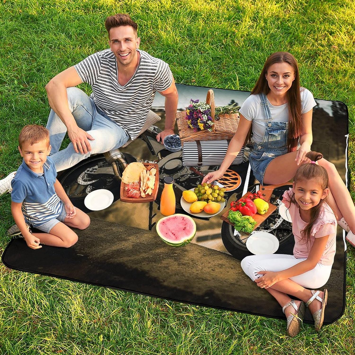 Sport Motorcycle Picnic Blanket 150x150cm, Foldable 2-in-1 Picnic Mat and Tote Bag Portable Waterproof Beach Mat Sandproof Outdoor Blanket for Park, Hiking, Beach, Camping, Travel