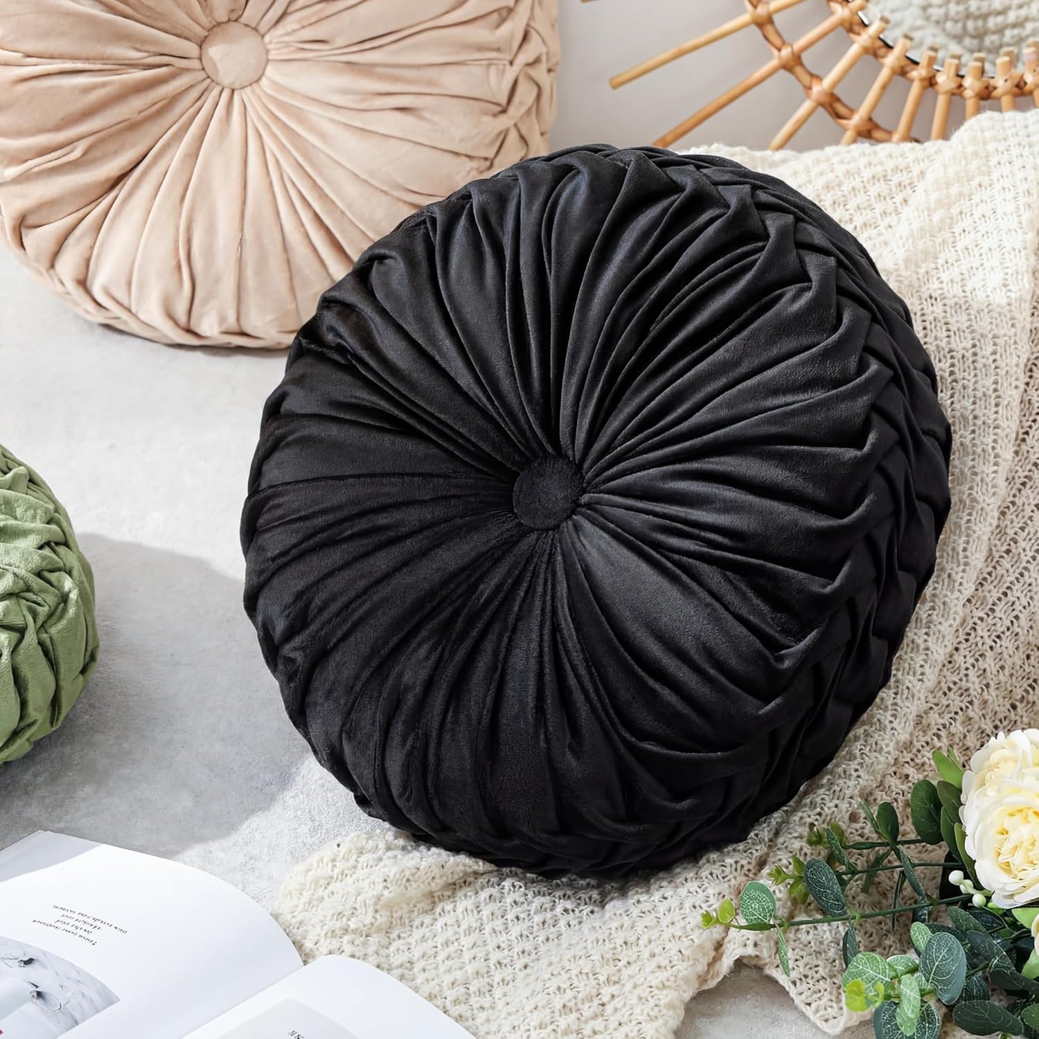 Drydiet 1 Pcs Round Throw Velvet Pillows Decorative Pleated Throw Pillows 15'' Diameter Accent Pumpkin Boho Chair Cushion for Couch Sofa Home Decoration (Black)