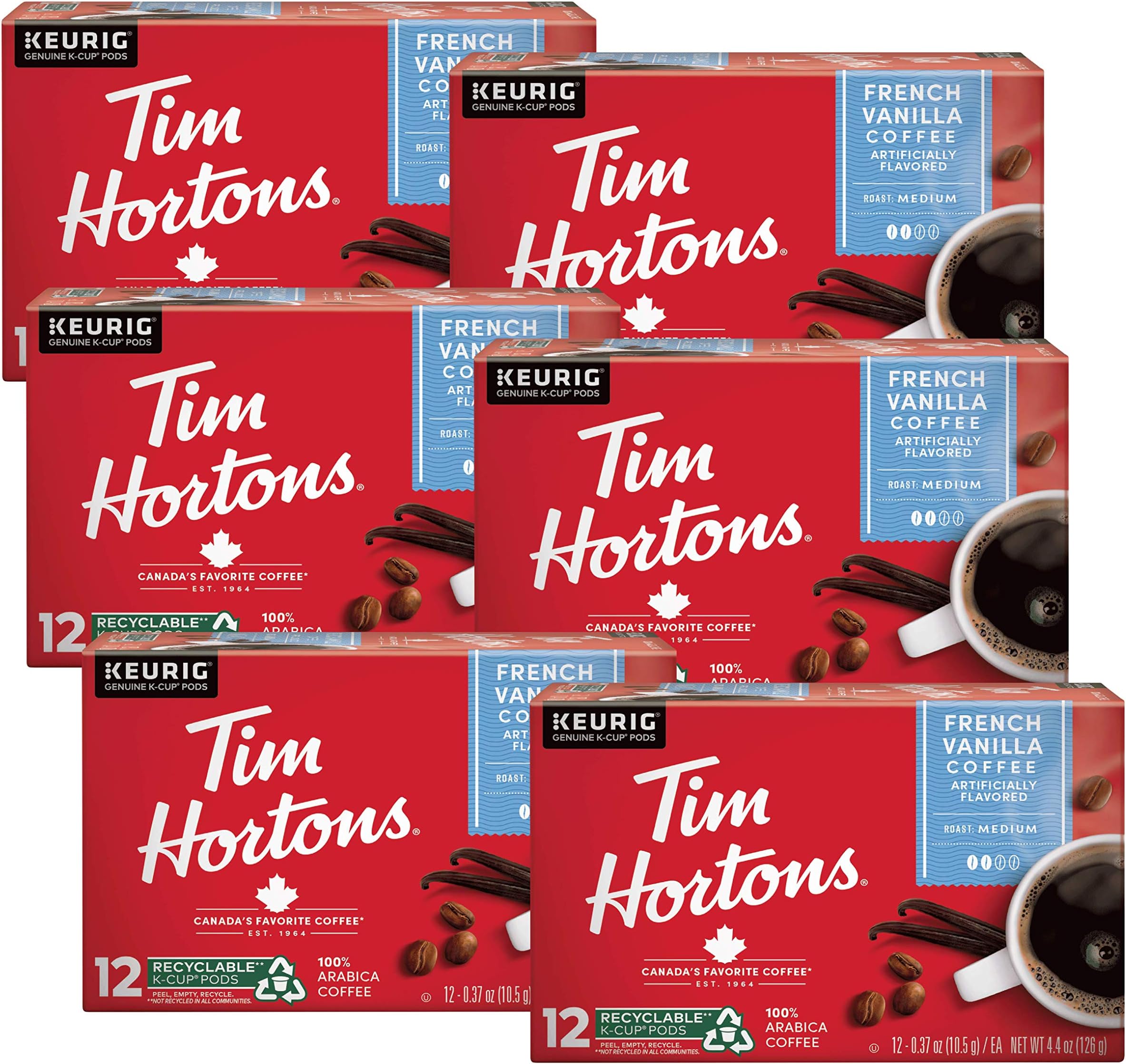 Tim Hortons French Vanilla Coffee, Single-Serve K-Cup Pods Compatible with Keurig Brewers, 72ct K-Cups,Red 12 Count (Pack of 6)