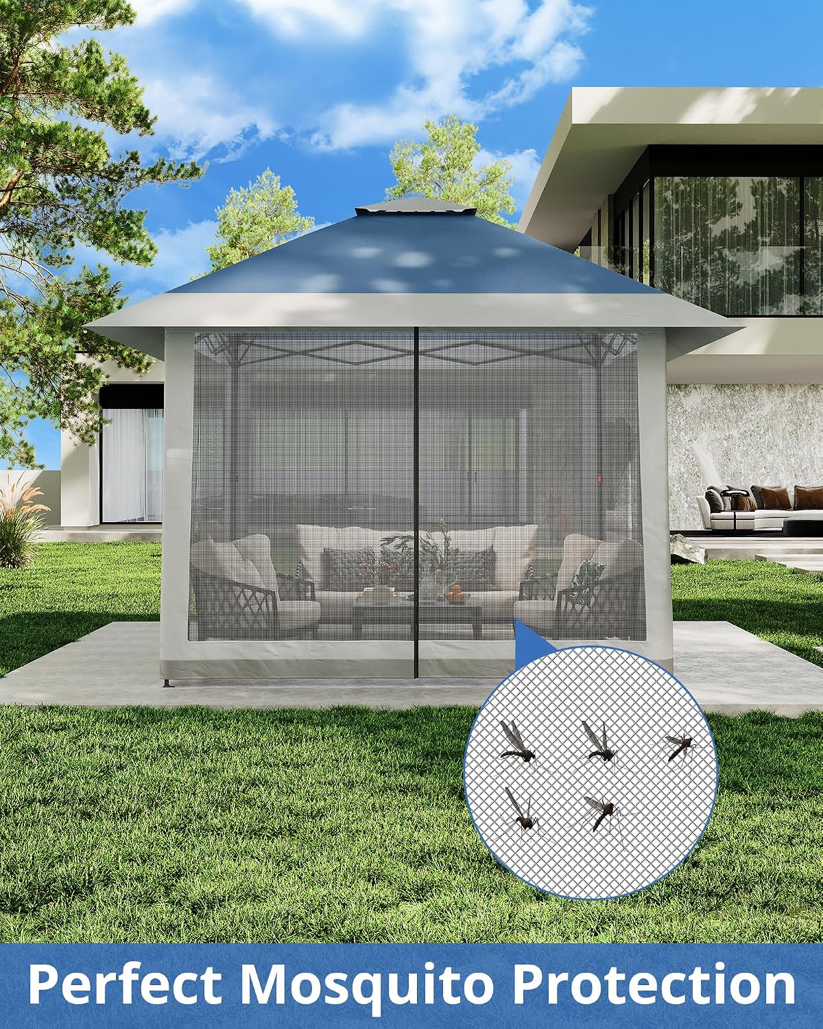 13x13 ft Instant Canopy Tent with Mosquito Netting & Double Roof, Adjustable Height Outdoor Shelter, UV-Resistant Patio Gazebo for Backyard, Garden, Camping & Parties- Navy Blue + Grey